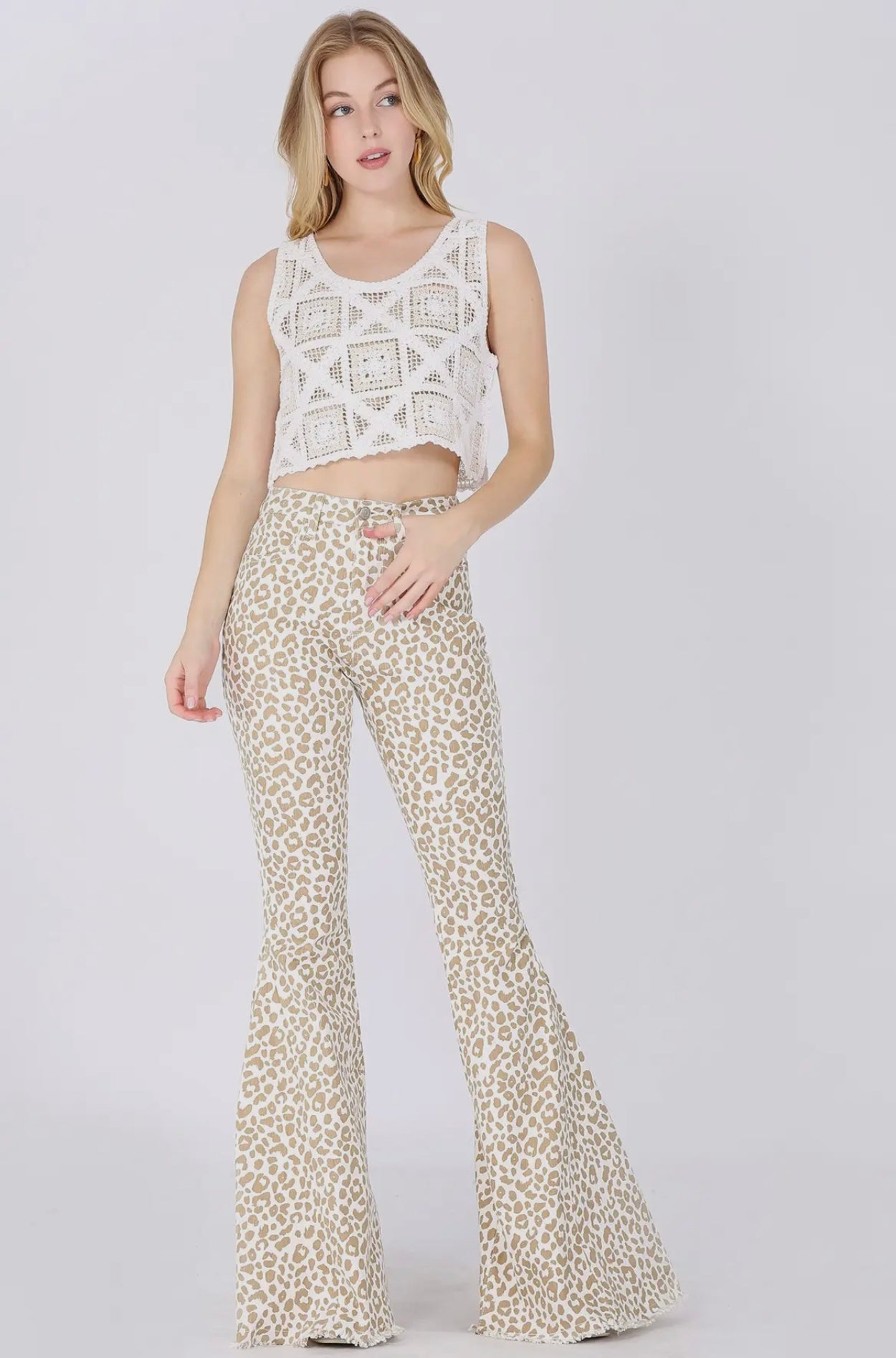 Leopard Animal Print Bellbottom Jeans - Taupe