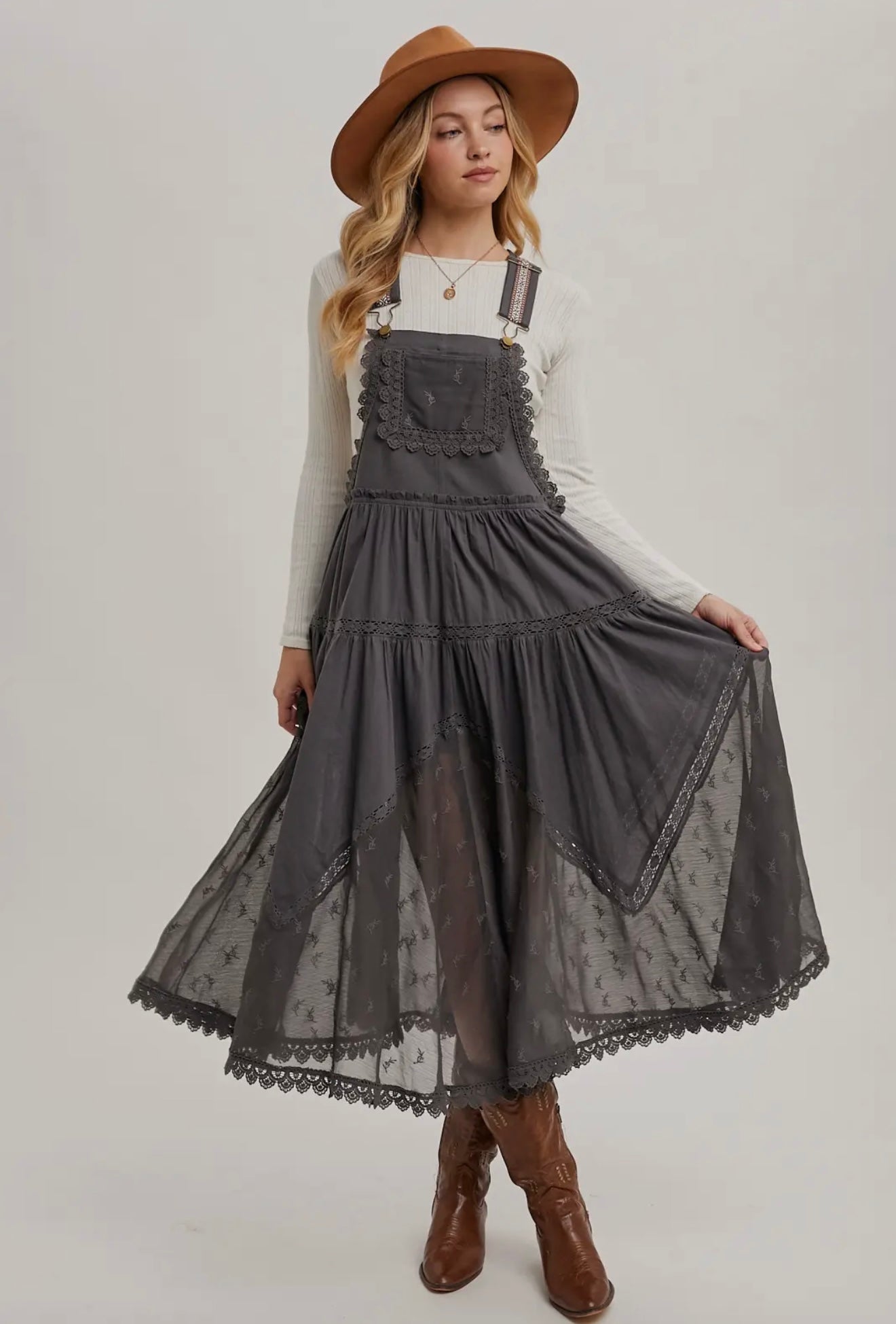 Lace Embroidered Tulle Bib Maxi Dress