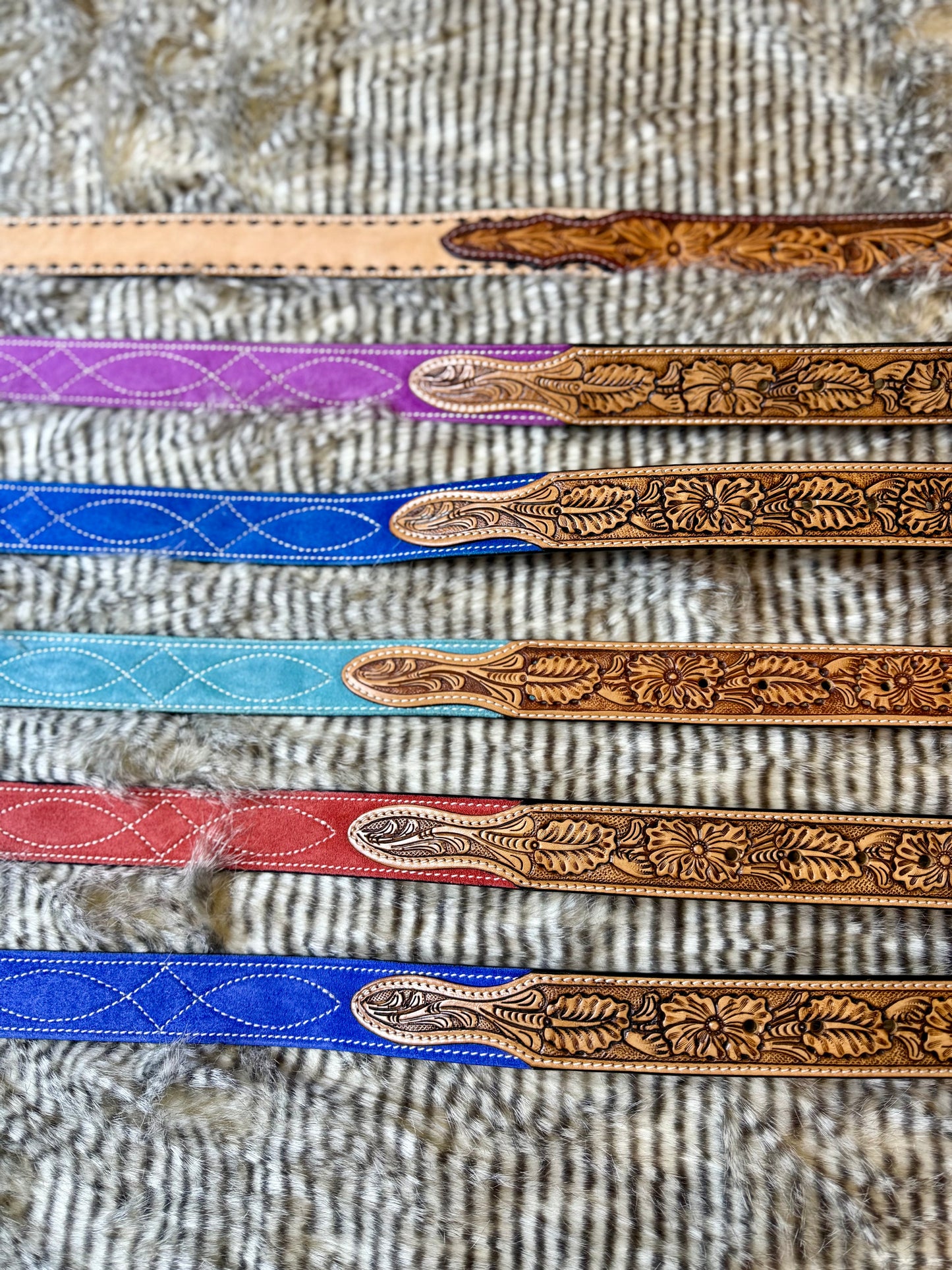 American Darling Turquoise Suede Western Belt - Hand-Tooled Leather Inlay with Engraved Buckle