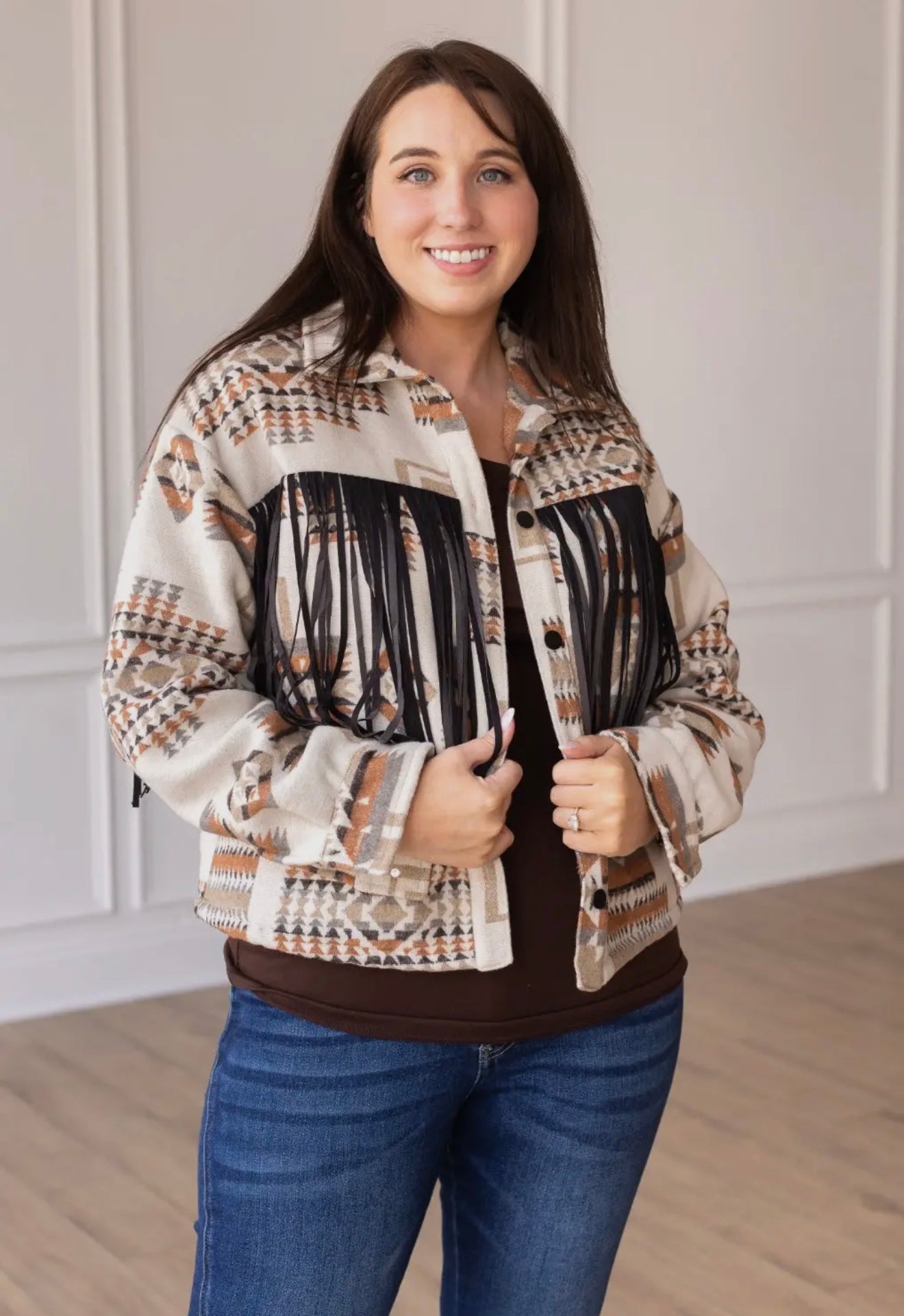 Boho Breeze Aztec Jacket with Fringe