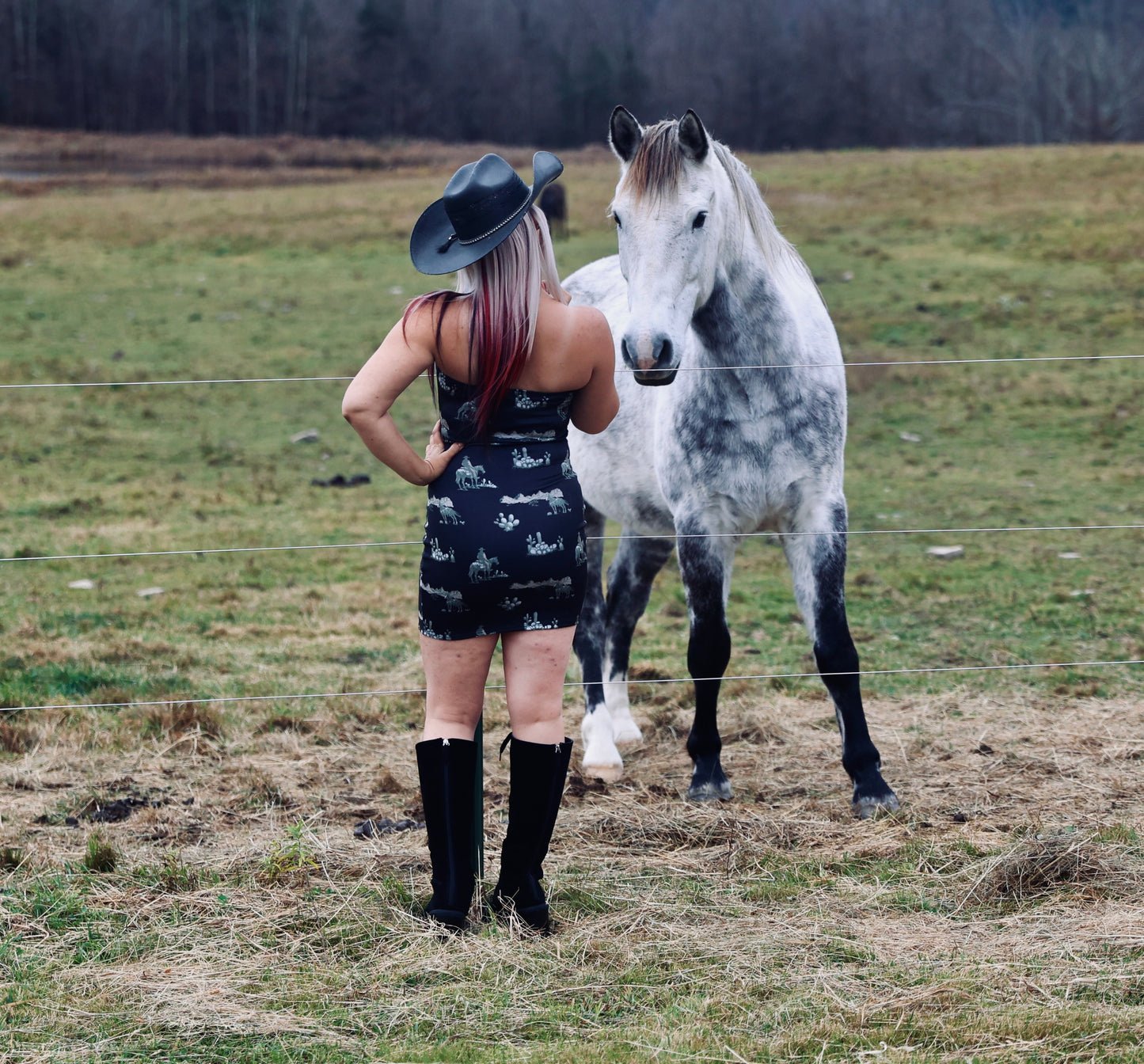 Black Western Cowboy Desert Printed Strapless Dress