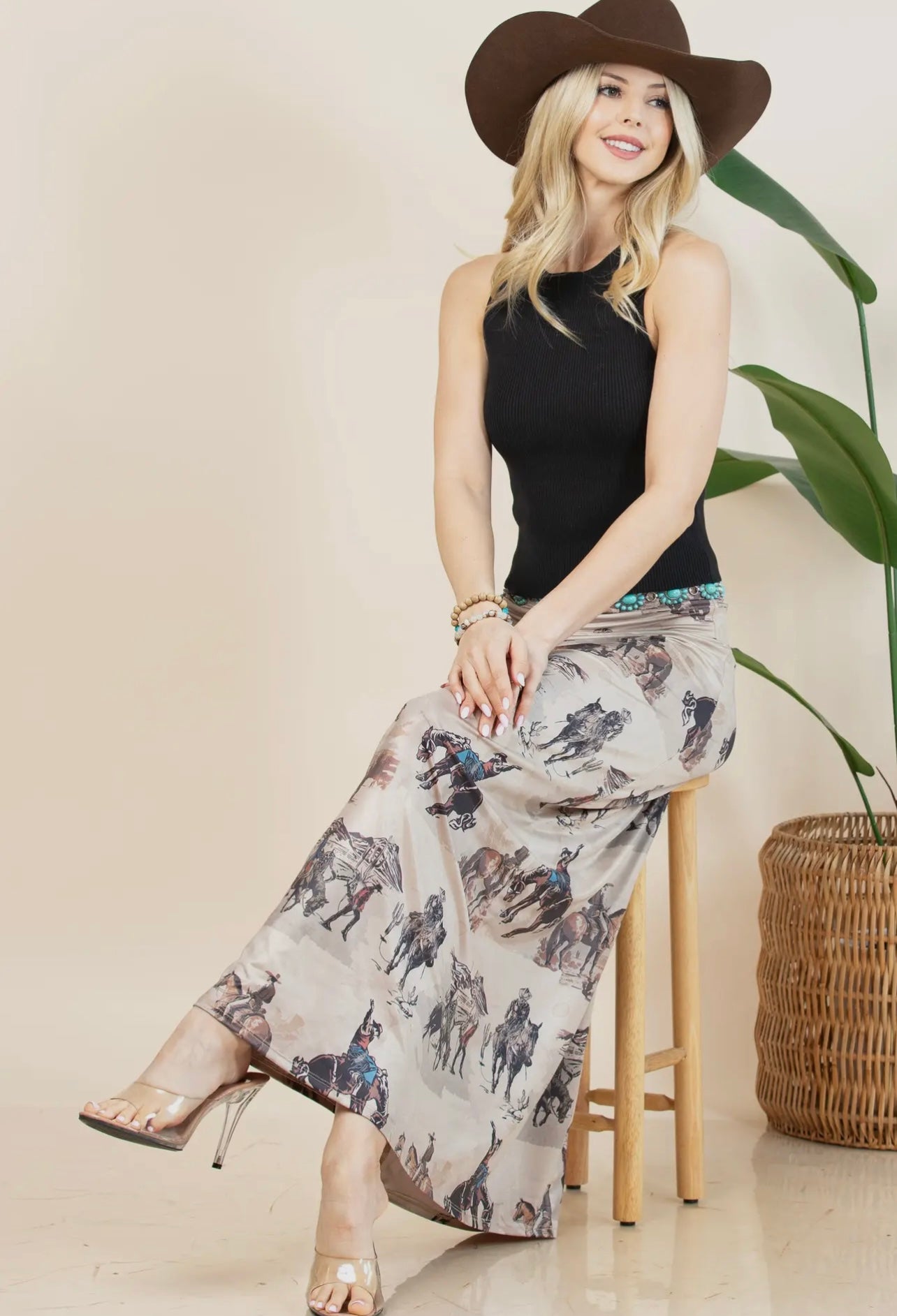 ANINA Western Cowboy Print A-
Line Full Knit Skirt