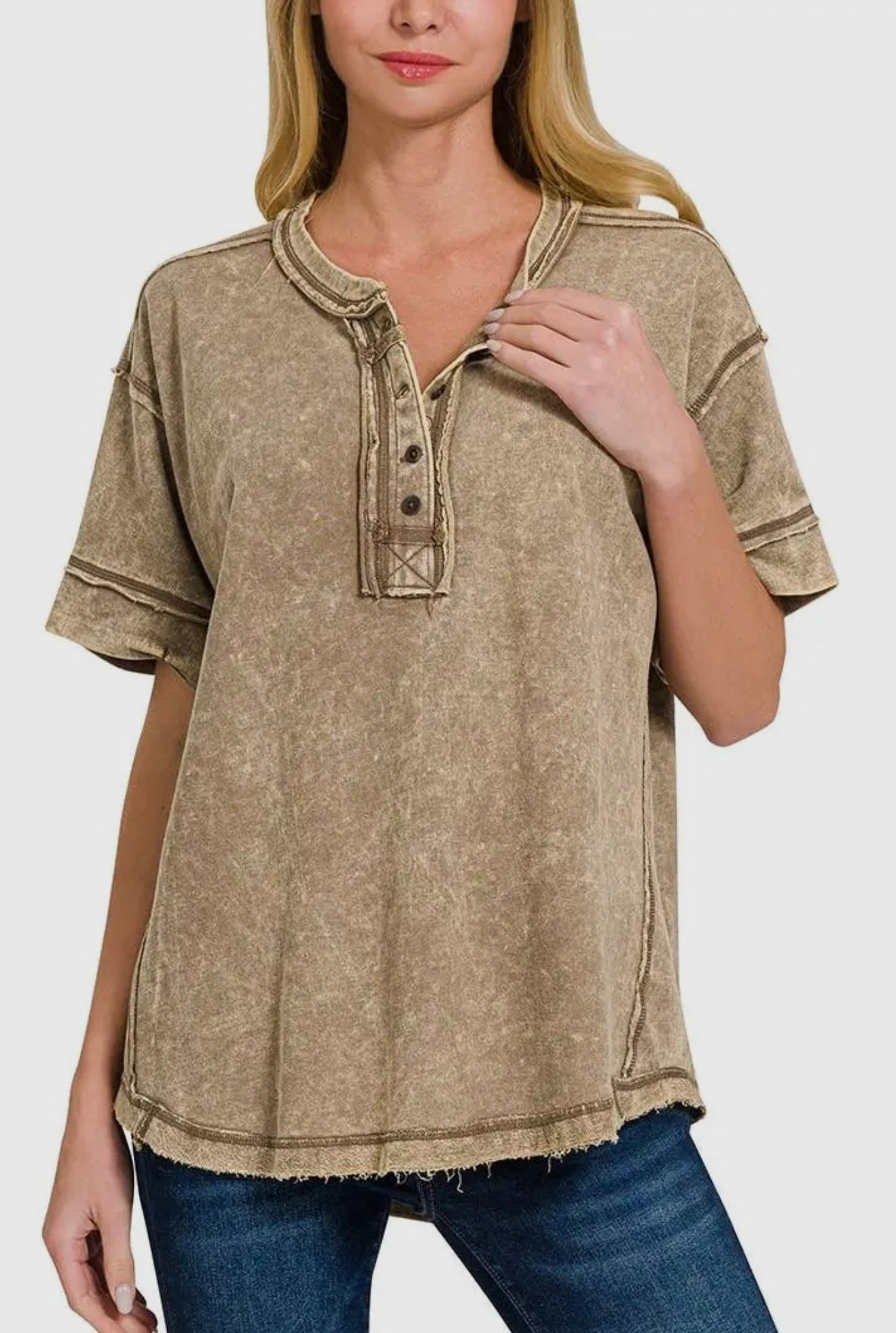 Zenana Raw Edge Detailed Button Closure Scoop Neck Top in Mocha