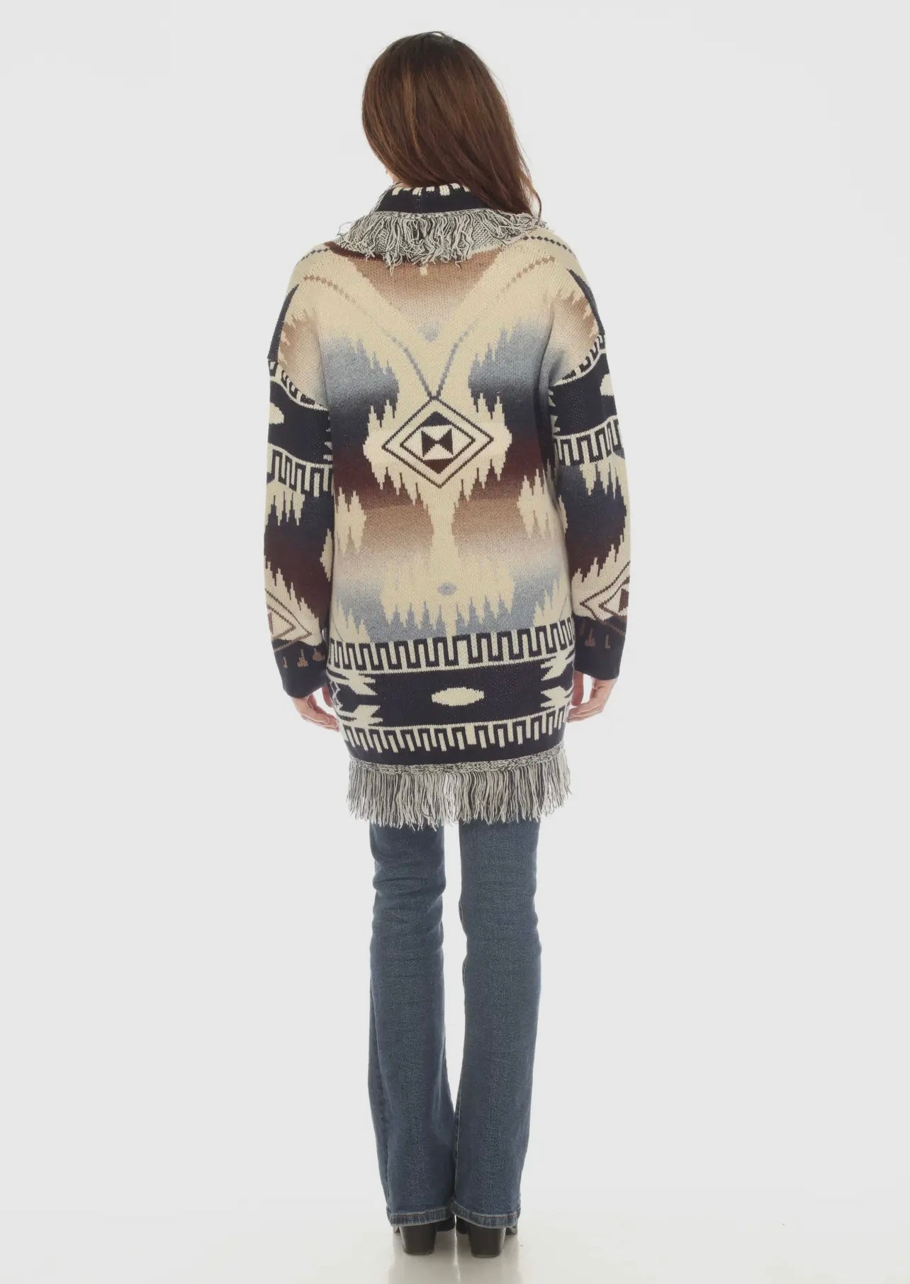 Women's Lake Wide Fringe Aztec Open Front Cardigan