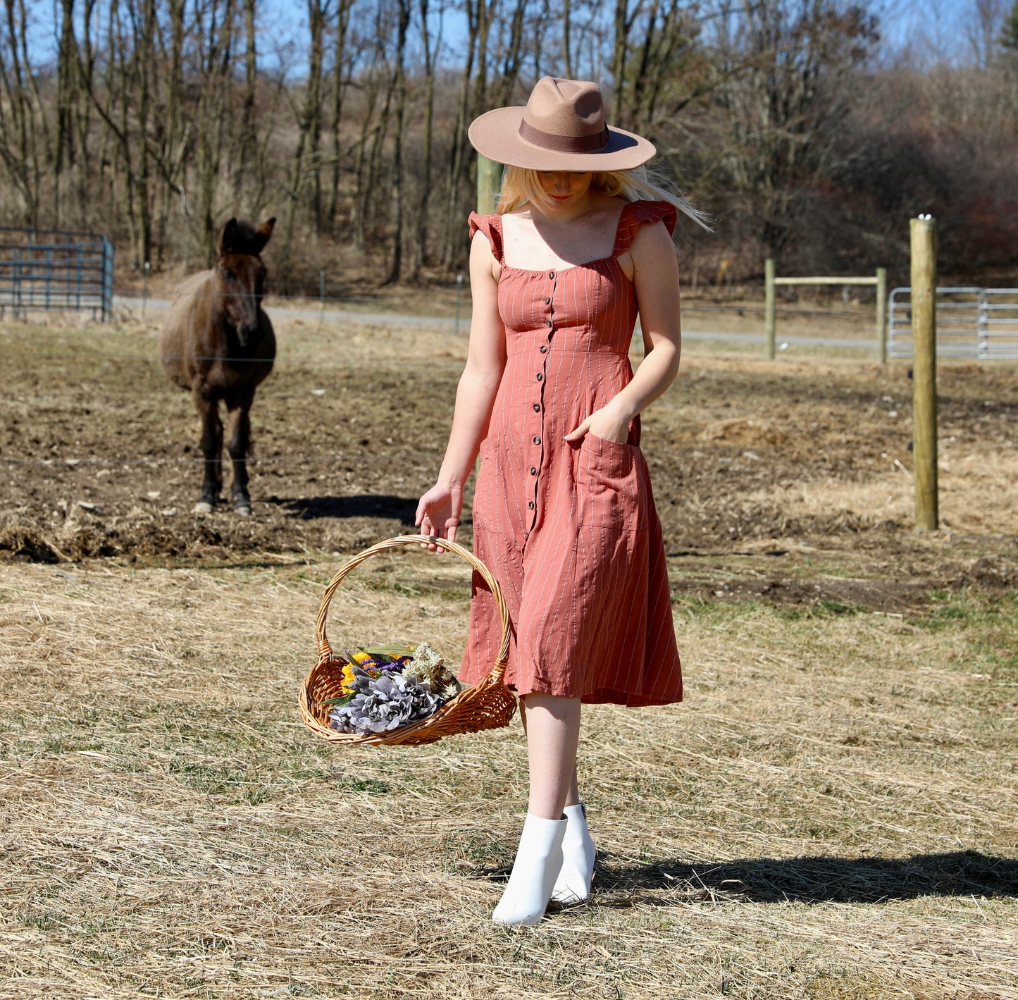 Pinstripe Flutter Sleeve
Midi Dress