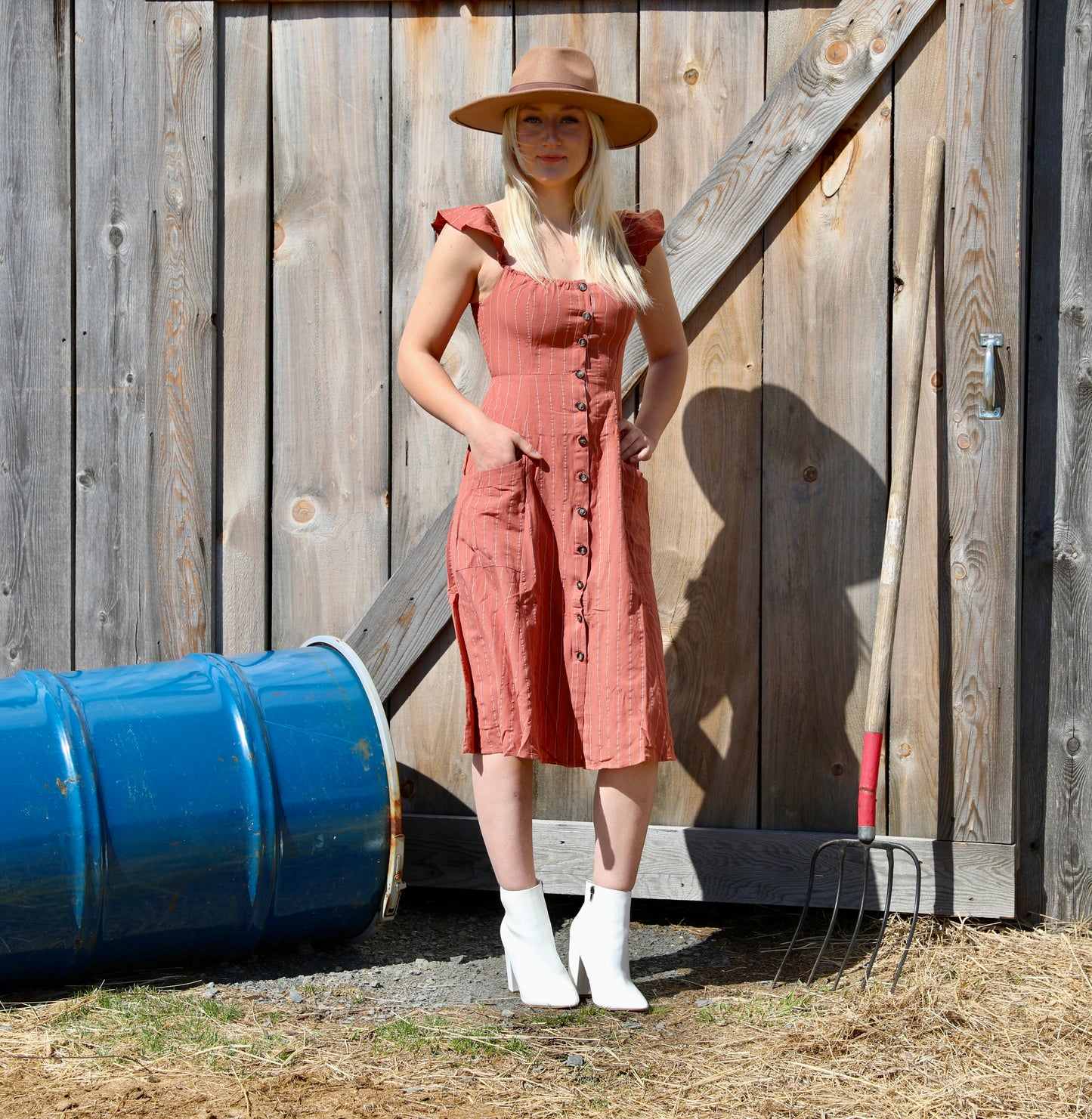 Pinstripe Flutter Sleeve
Midi Dress