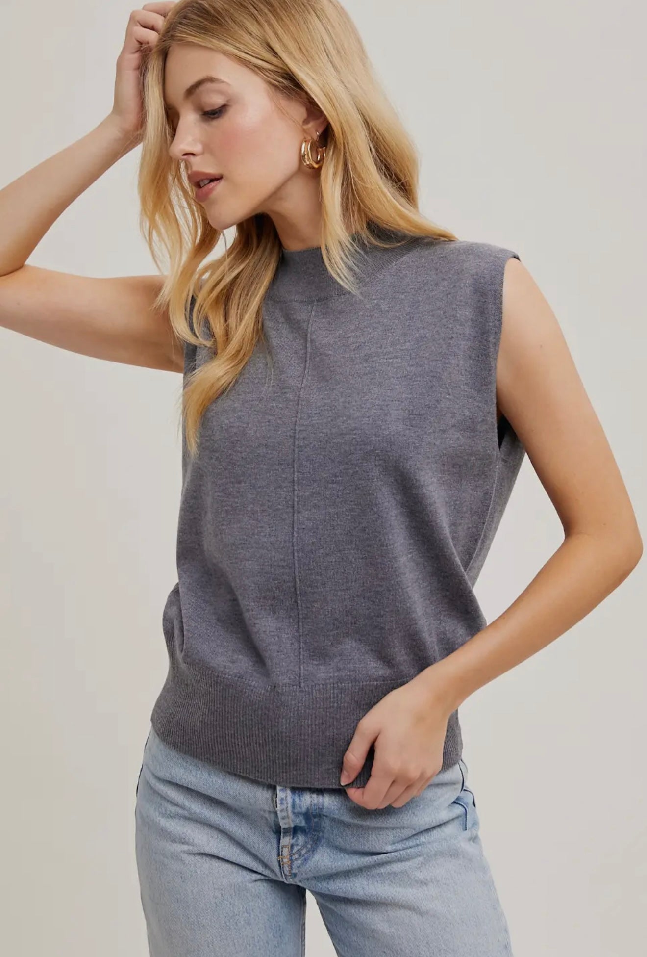 Mock Neck Knit Sleeveless Top in Cool Grey
