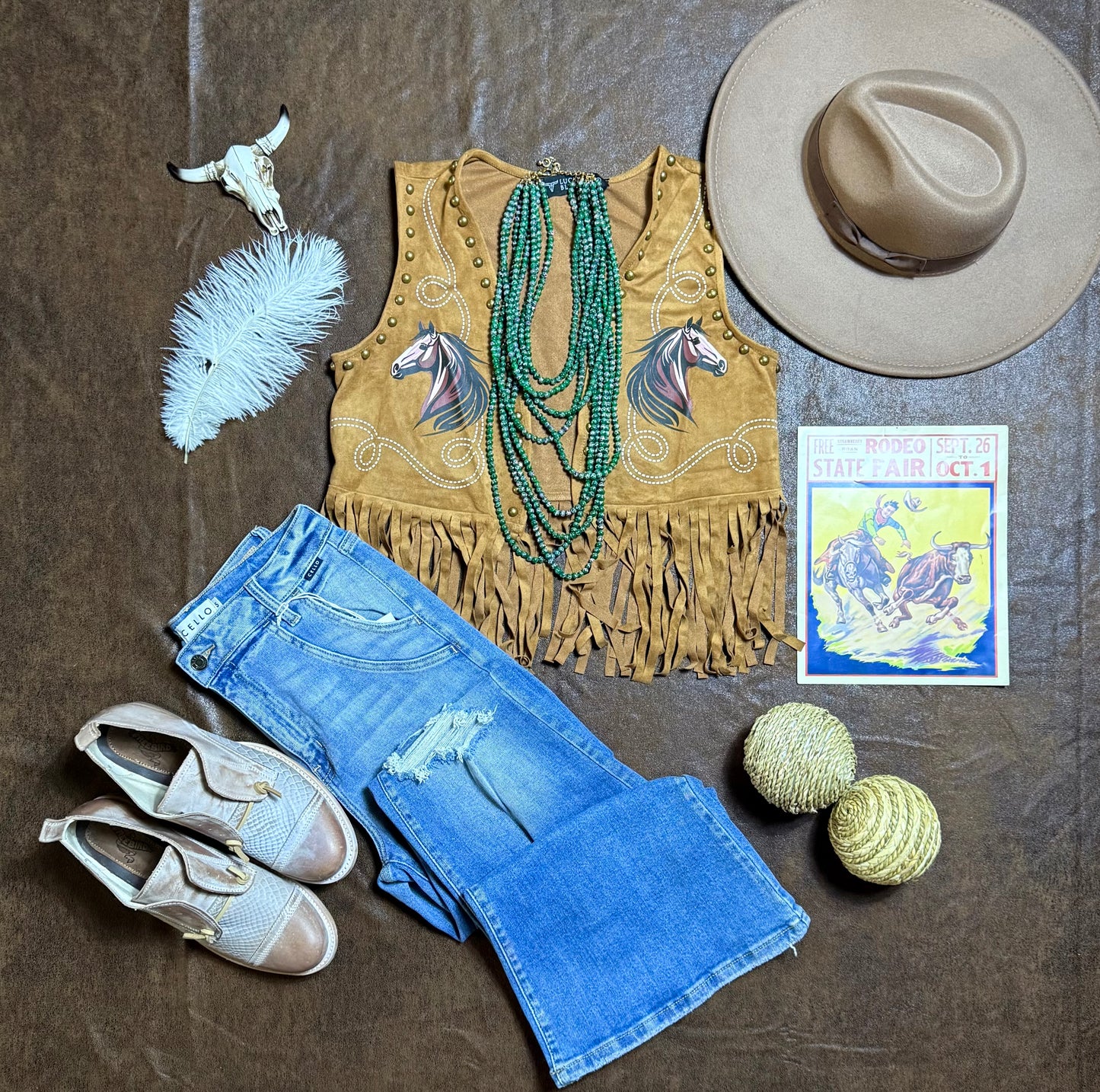 Camel Horse Printed Studded Fringe
Hem Vest