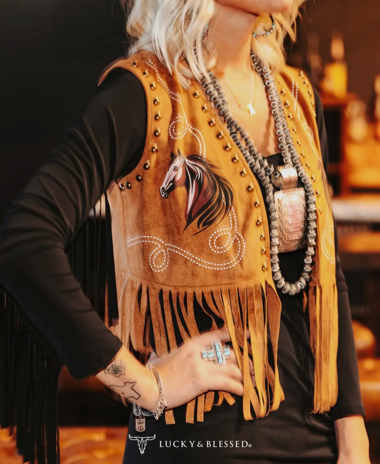 Camel Horse Printed Studded Fringe
Hem Vest