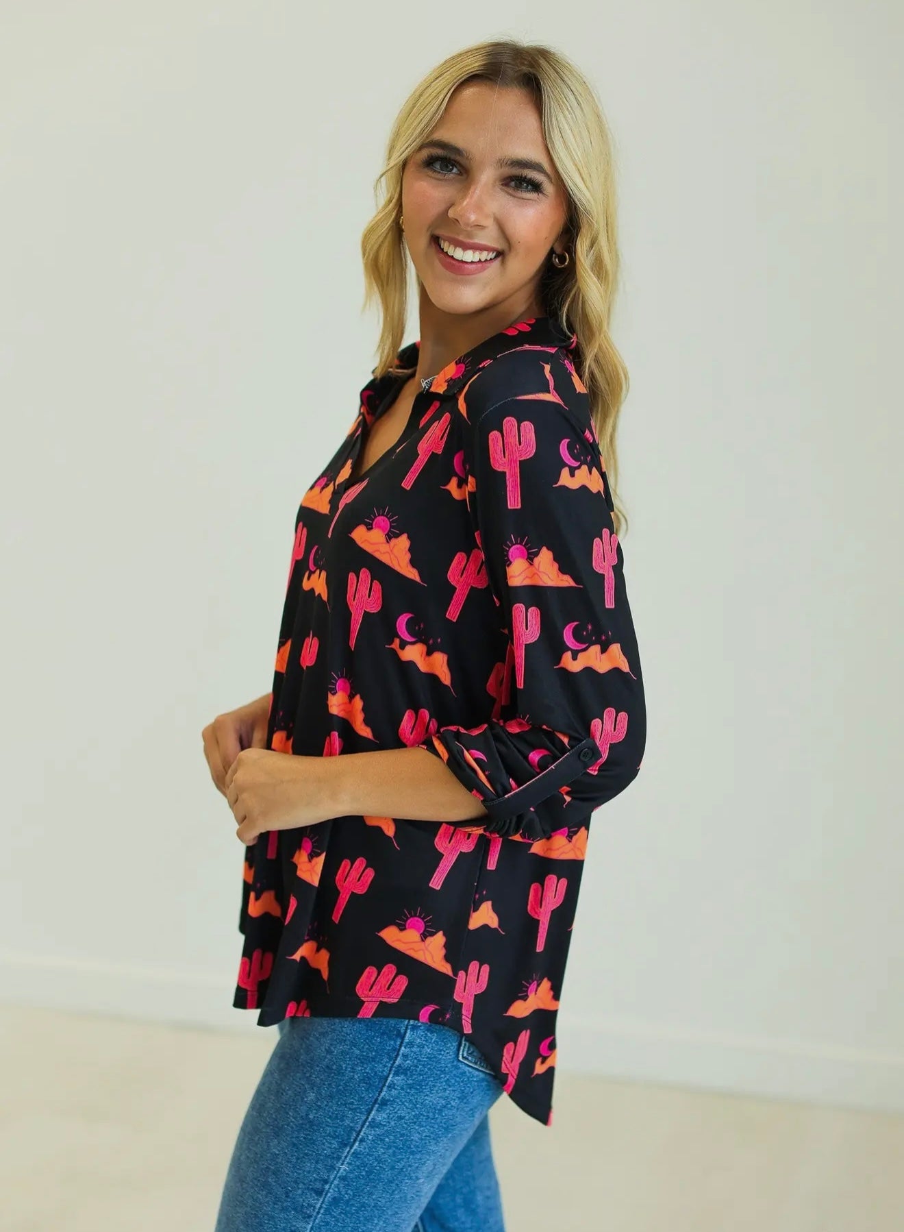 Gemma V-Neck Top, Desert Sunset