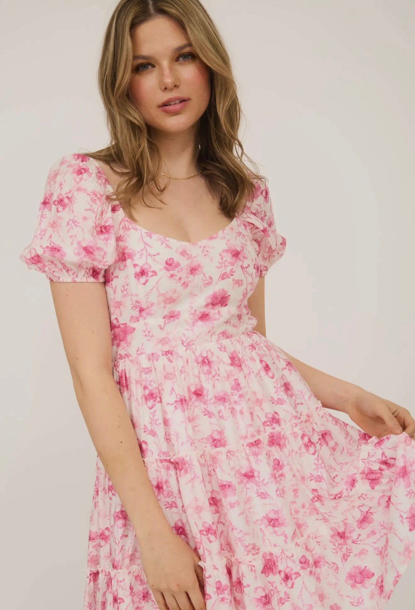Pink Floral Open Back with Tie Tiered
Mini Dress