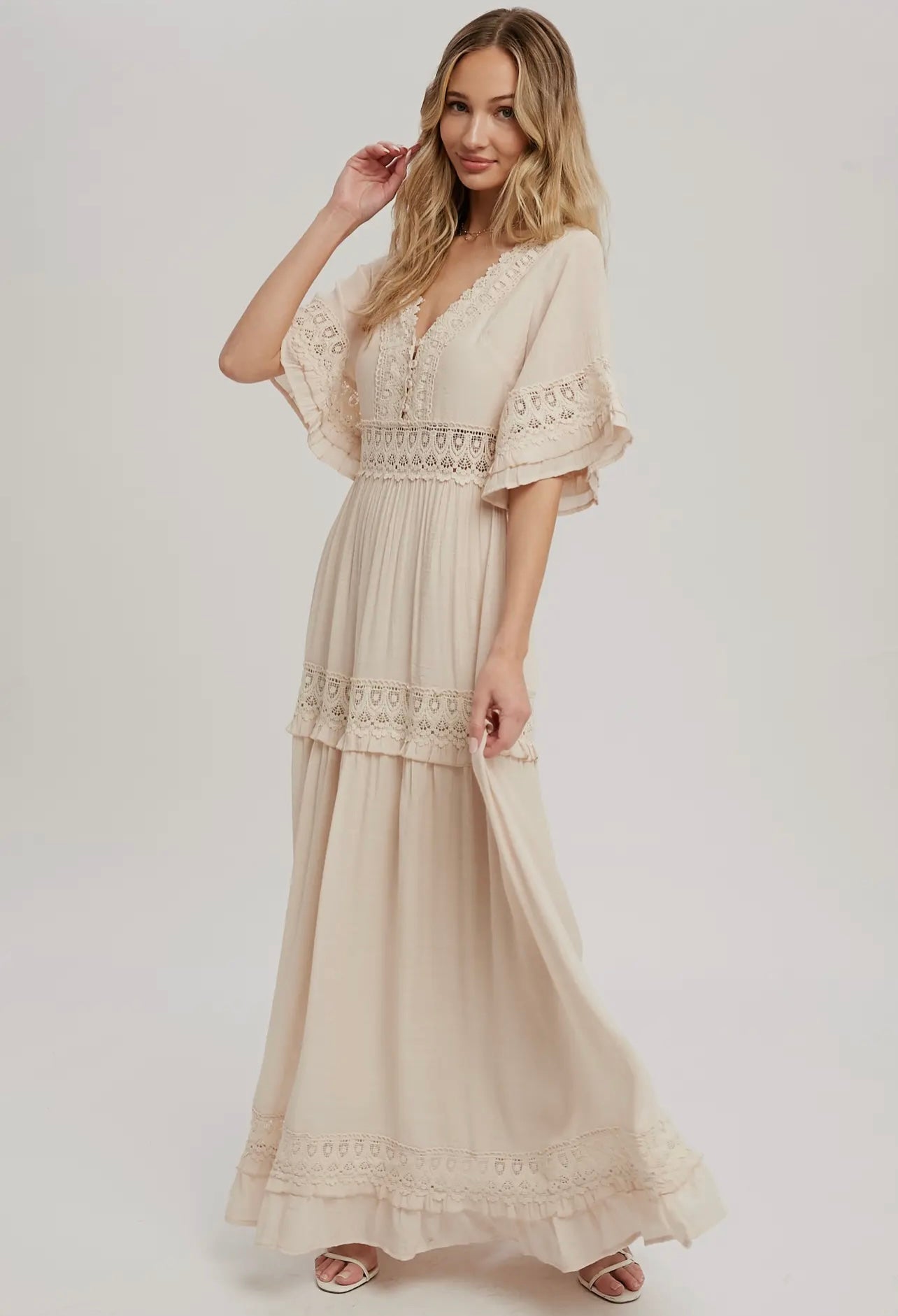 V-Neck Lace Trim Maxi Dress