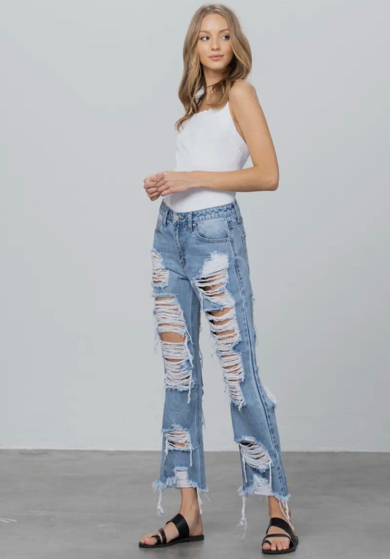 High Rise Heavy Destroyed Frayed Hem Straight Jeans