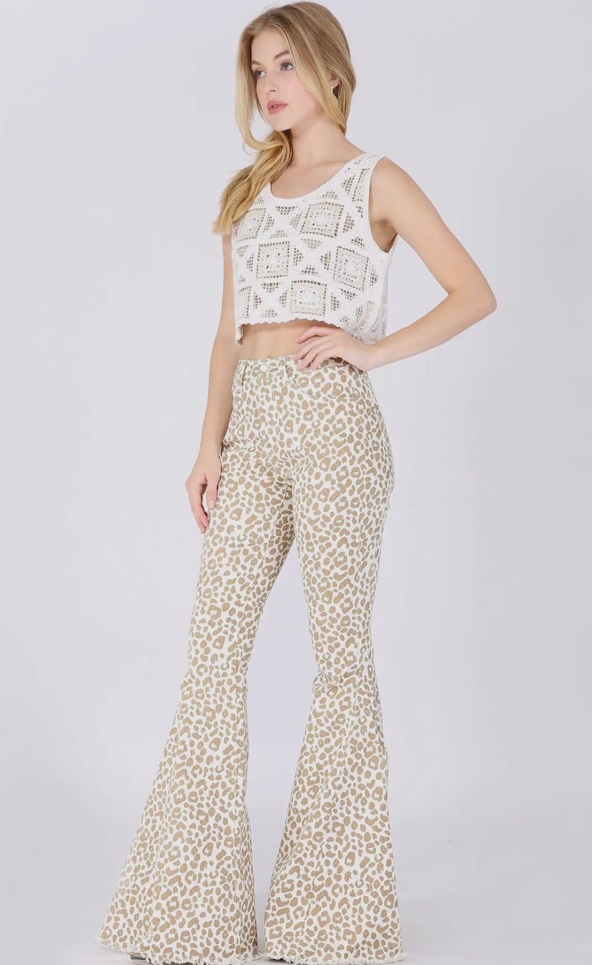 Leopard Animal Print Bellbottom Jeans - Taupe