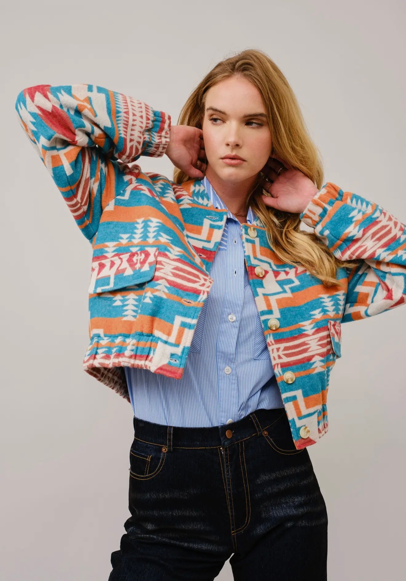 Jacquard Aztec Snap Up
Bomber Jacket