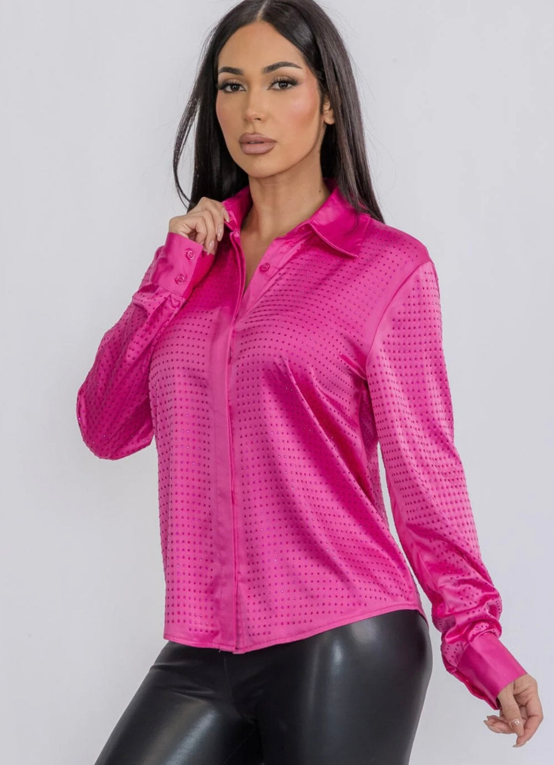 LONG SLEEVE BUTTON UP STUDS DETAILES BLOUSE in pink