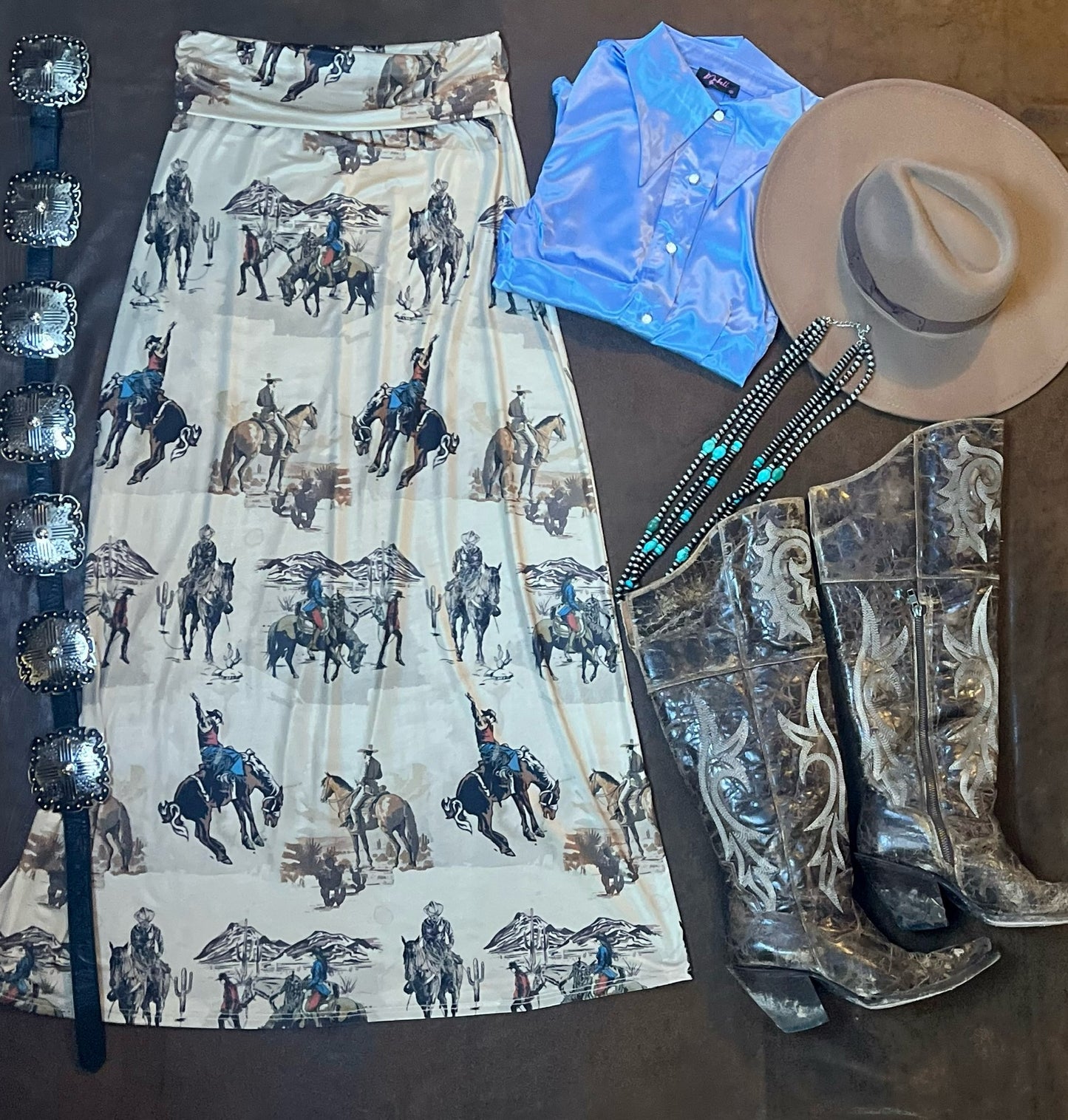 ANINA Western Cowboy Print A-
Line Full Knit Skirt