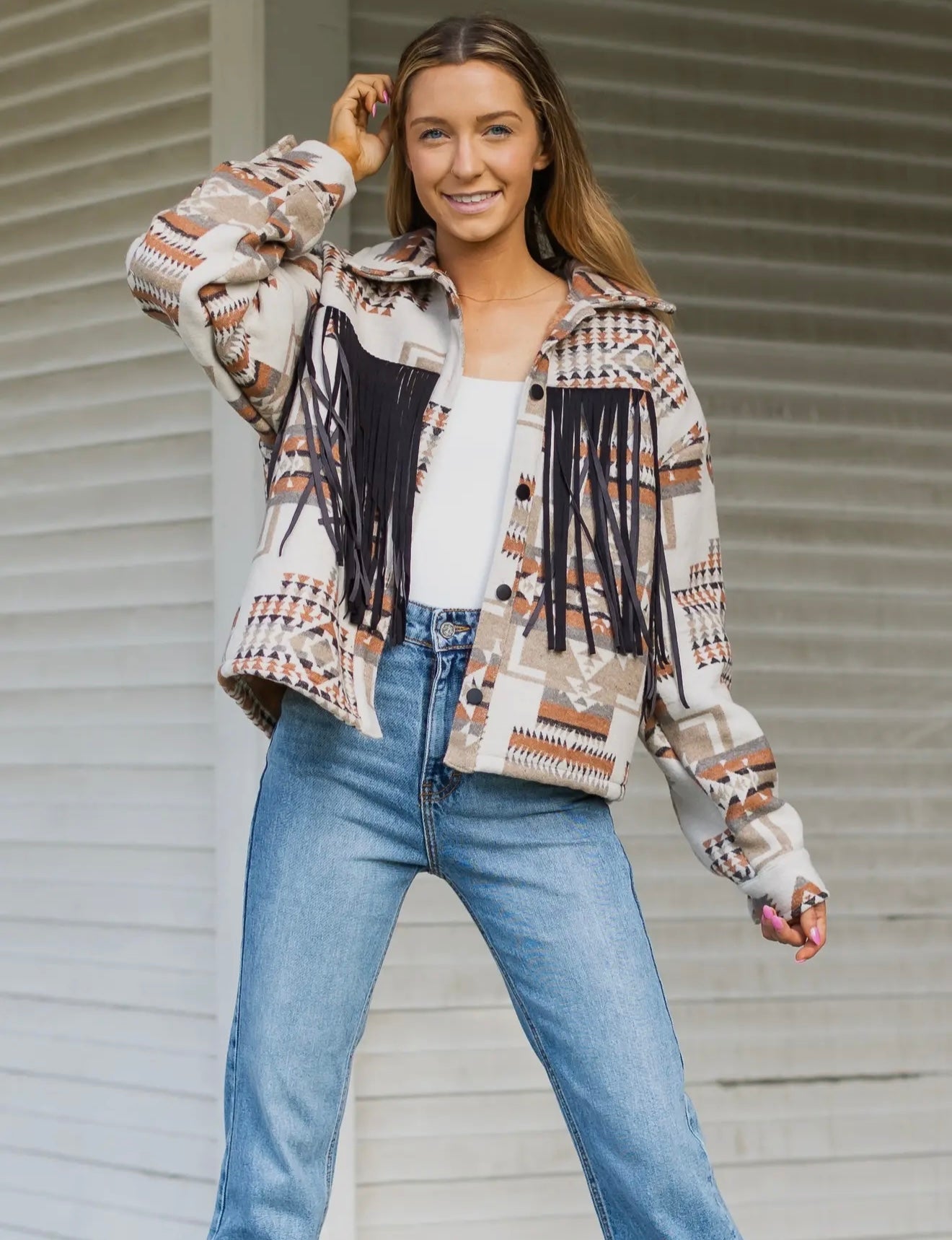 Boho Breeze Aztec Jacket with Fringe
