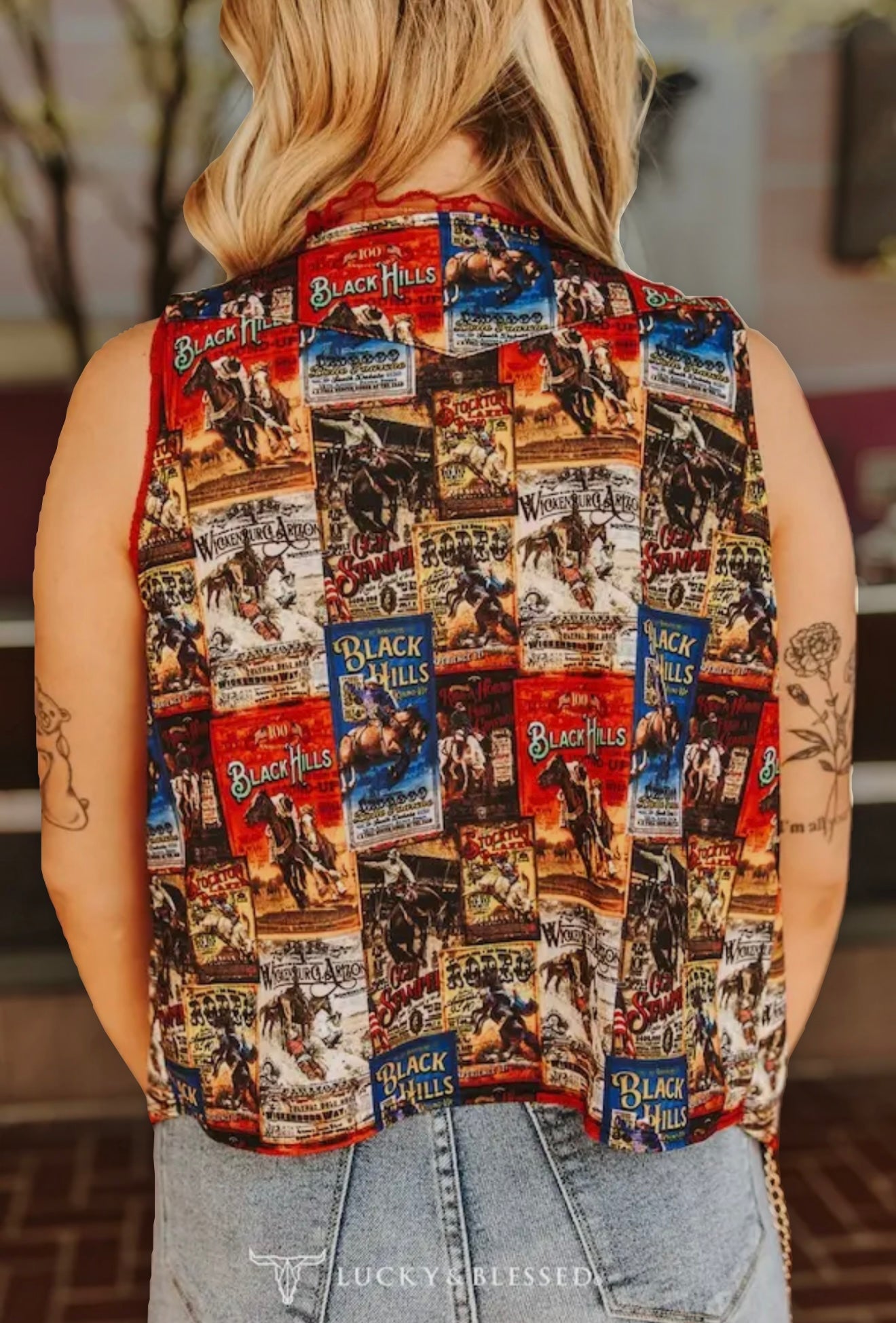 Oversized Vintage Western Collage Printed Sleeveless Vest