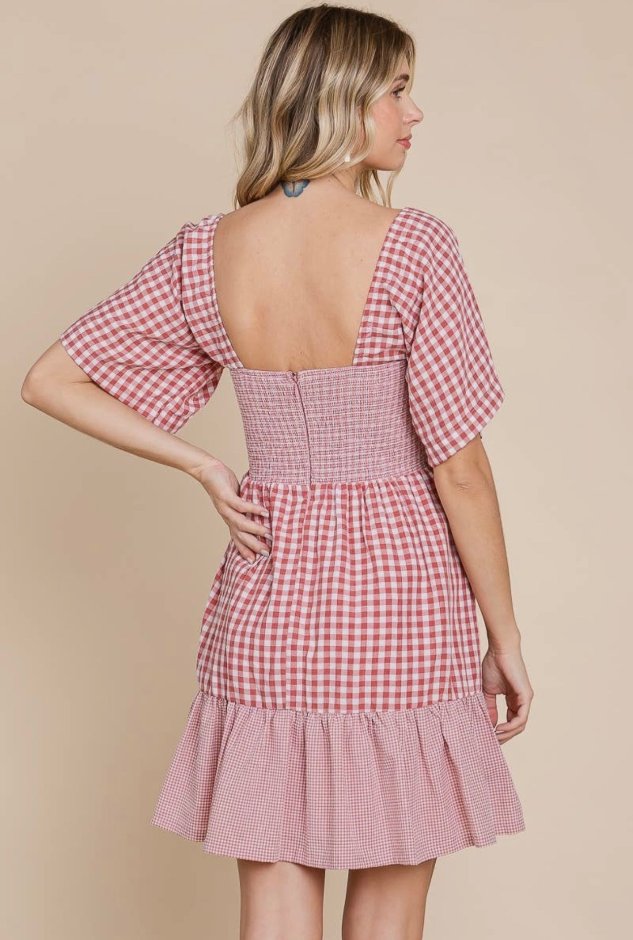 Plaid Color Block Smocked Dress