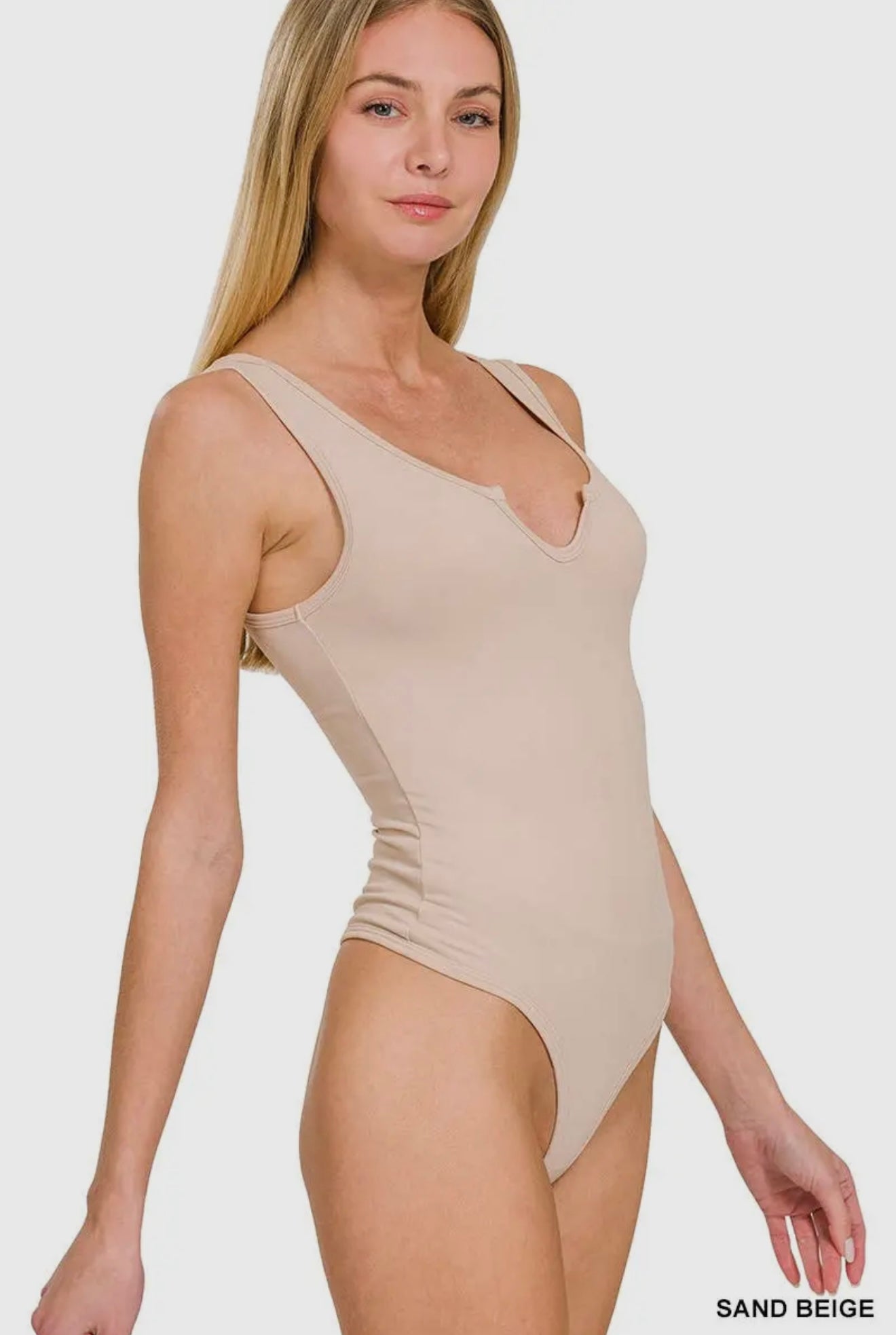 Zenana Brushed Dty Split Neck Bodysuit in Sand Beige