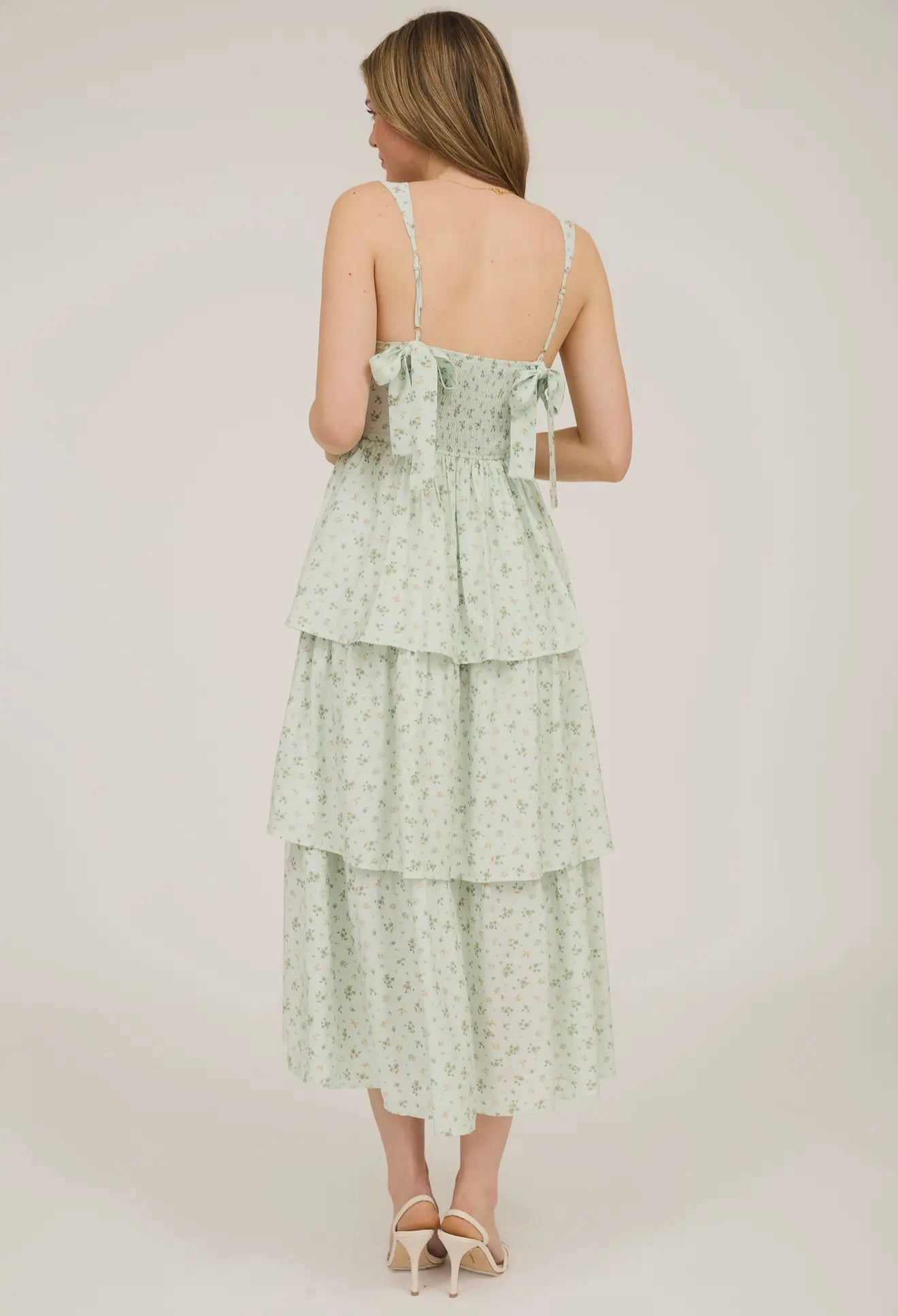 Sage Floral Sleeveless Corset Ruffle Tiered Midi Dress