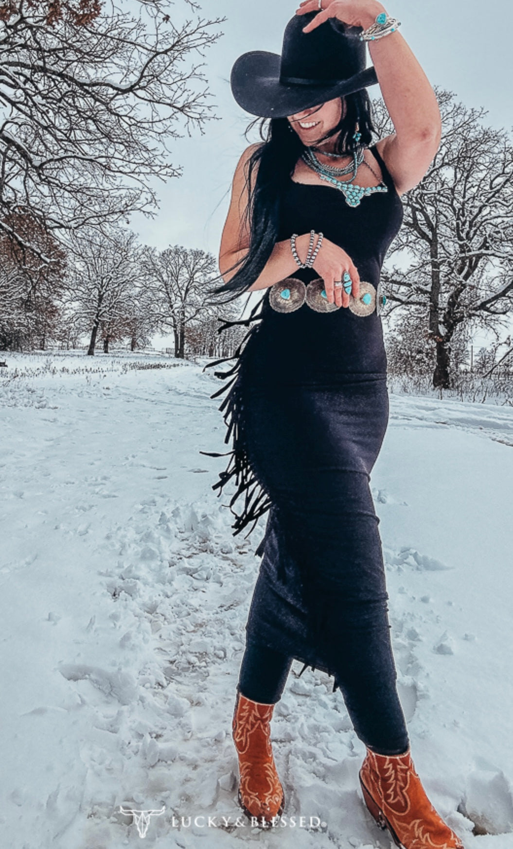 BLACK SLEEVELESS TANK STRAP MAXI DRESS W FRINGE SIDE