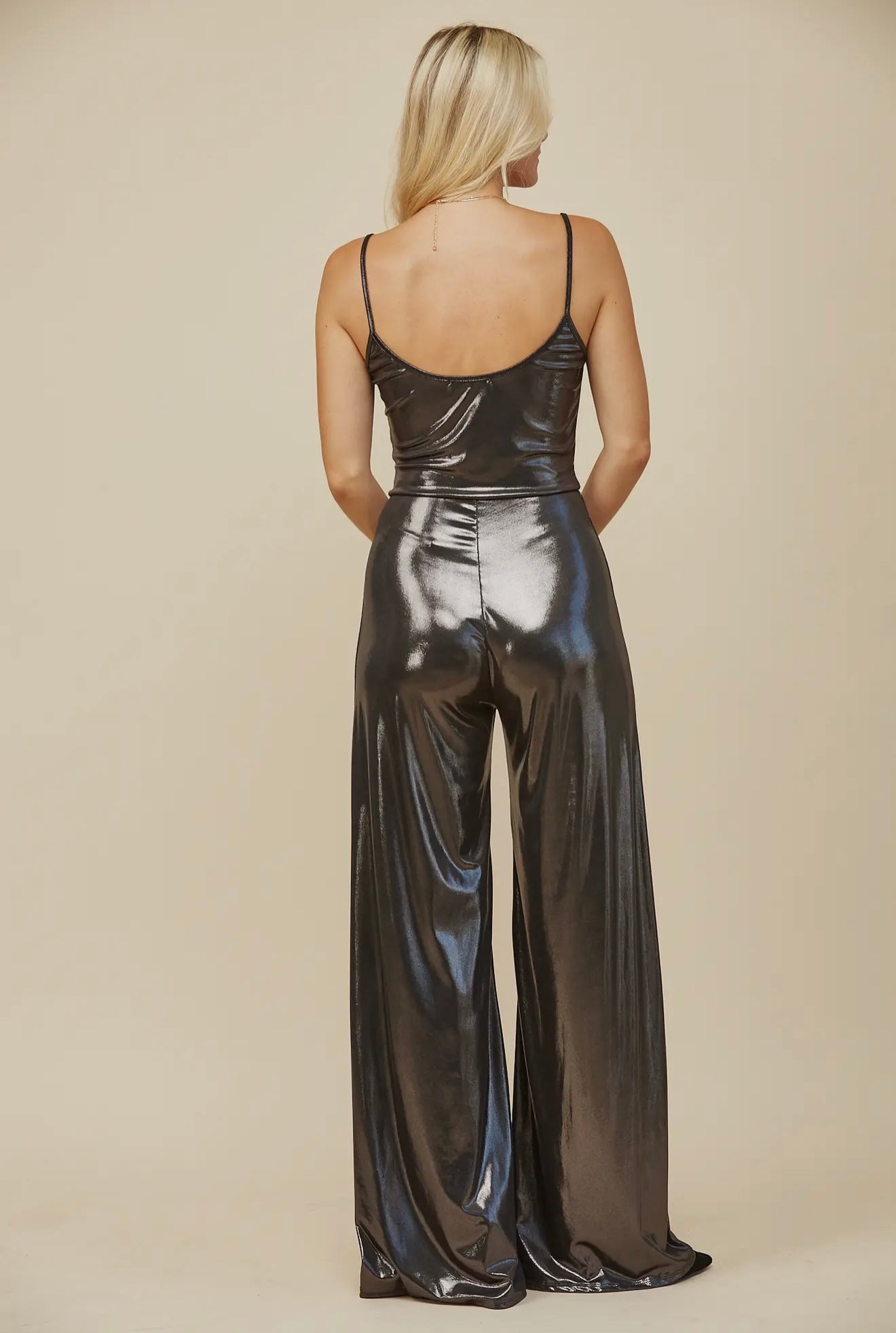 Cowl Neck Metallic Slinky Wide Leg
Jumpsuit in Gunmetal