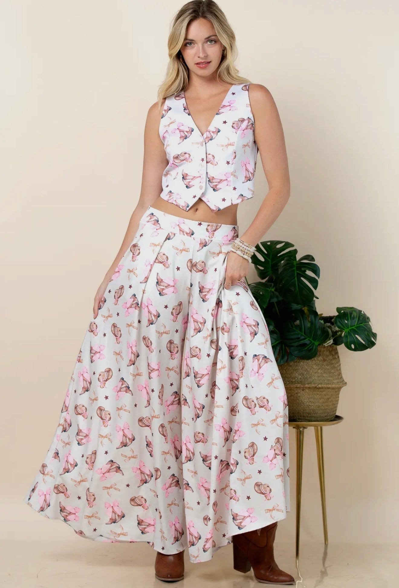 Evie Coquette Ribbon Print
Wide Leg Palazzo Pants