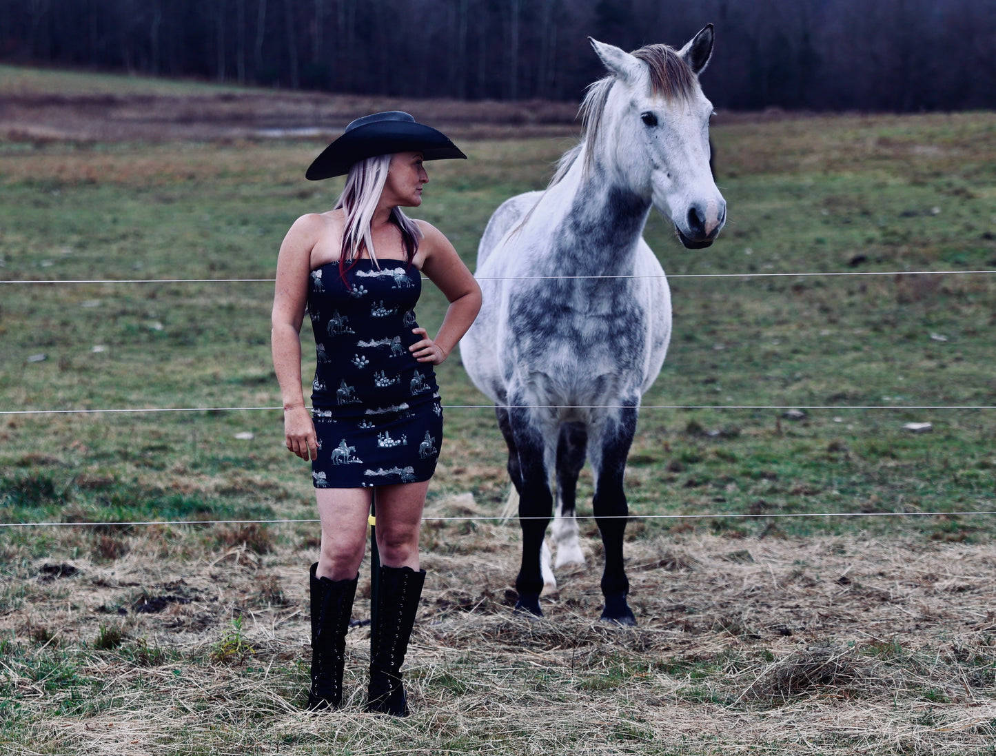 Black Western Cowboy Desert Printed Strapless Dress
