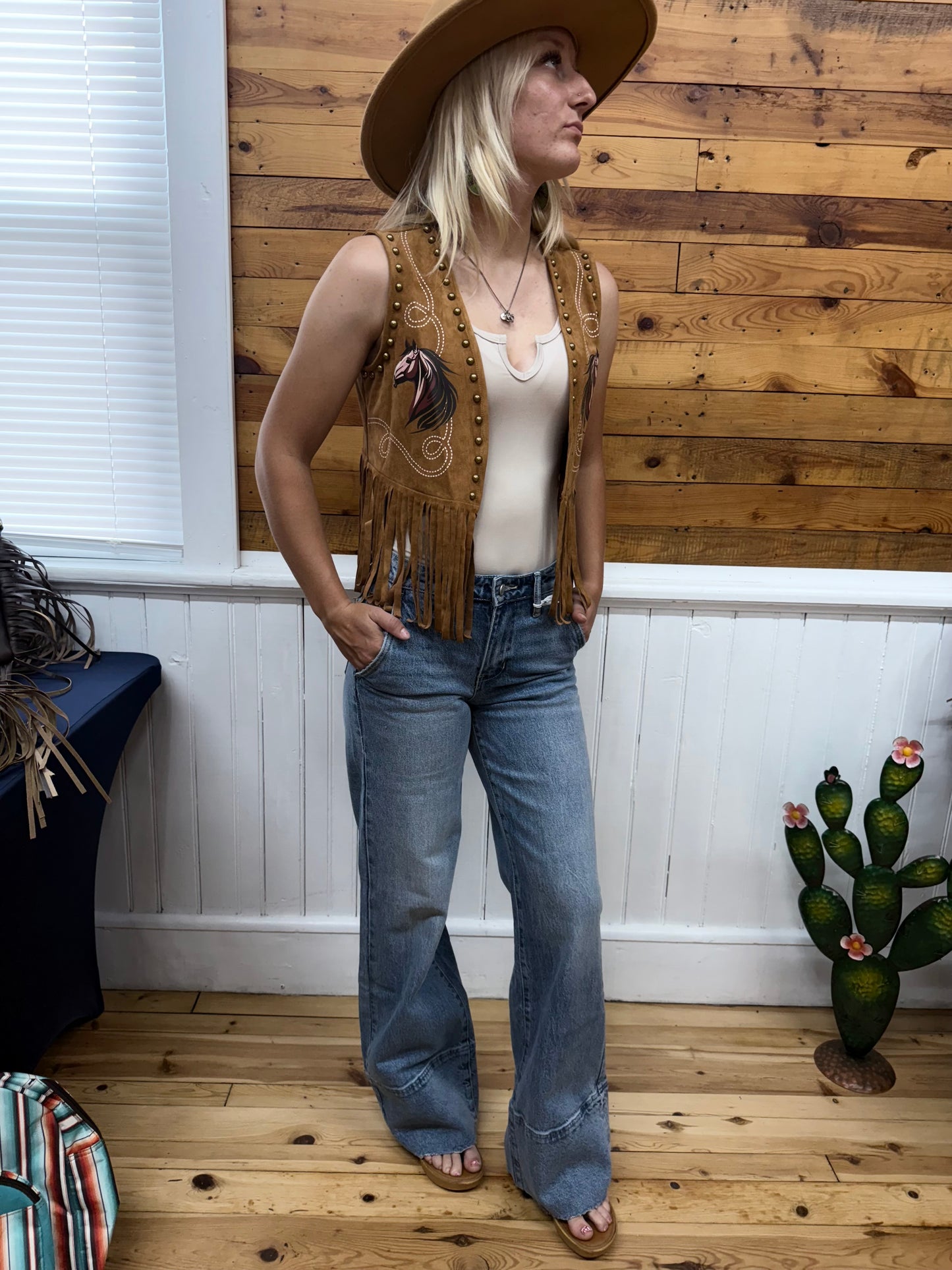 Camel Horse Printed Studded Fringe
Hem Vest
