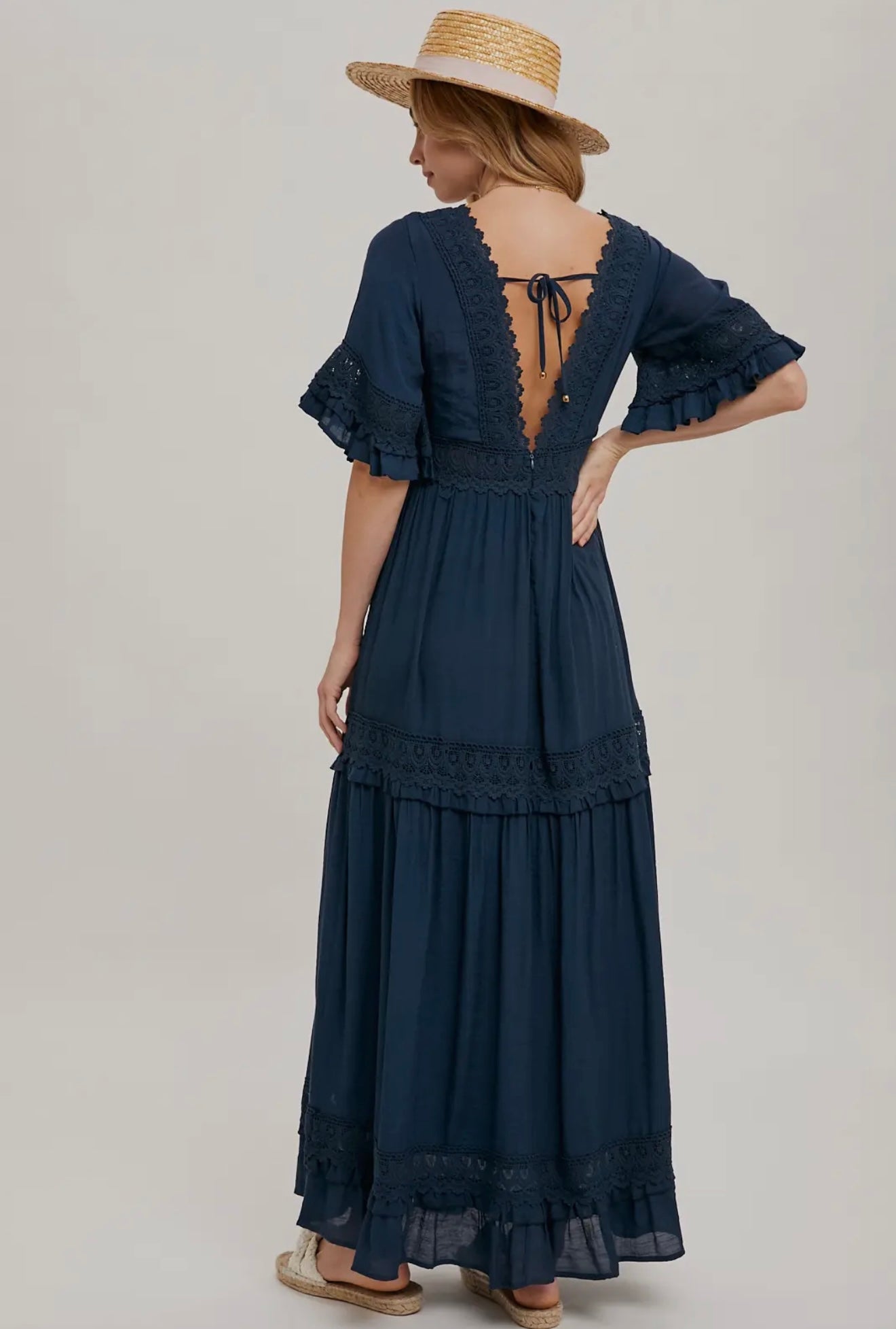 Navy V-Neck Lace Trim Maxi Dress
