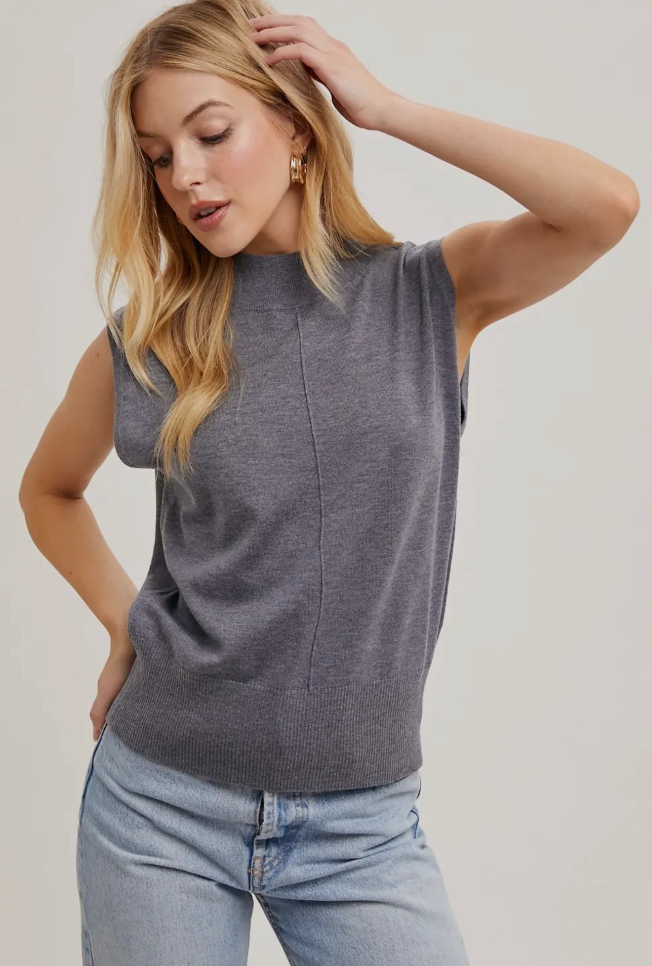 Mock Neck Knit Sleeveless Top in Cool Grey