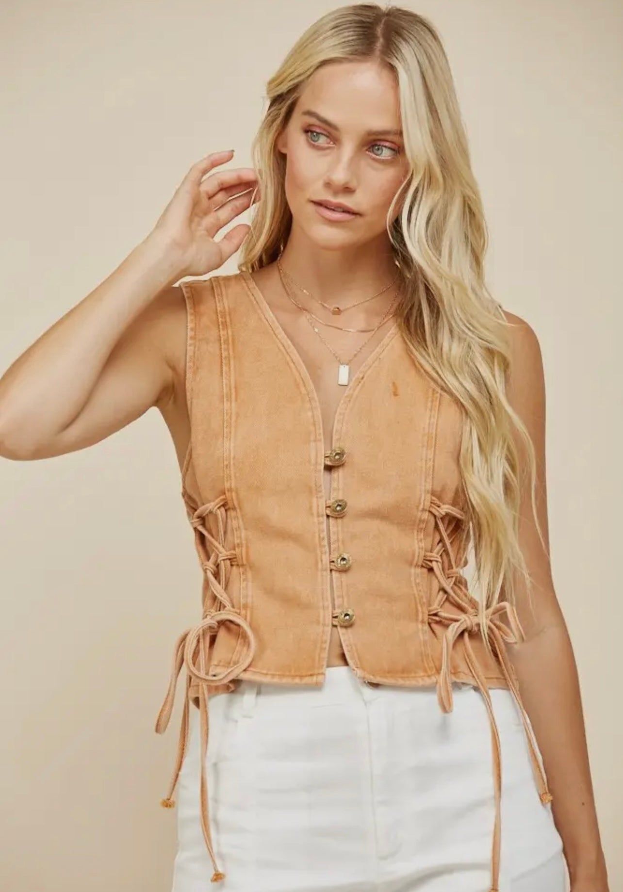 Rust Boho Denim Vest Top with Lace Up Sides