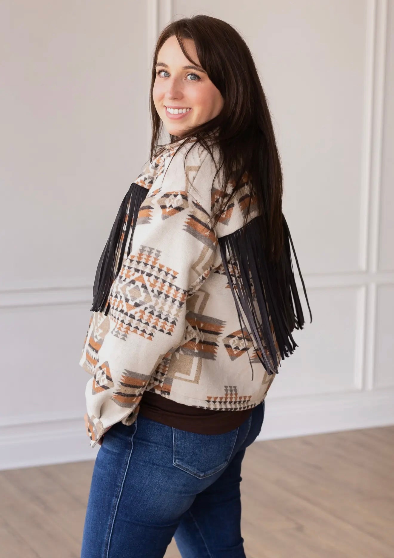 Boho Breeze Aztec Jacket with Fringe