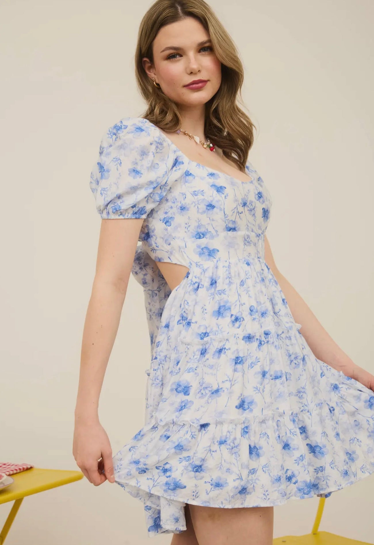 Blue Floral Open Back with Tie Tiered
Mini Dress