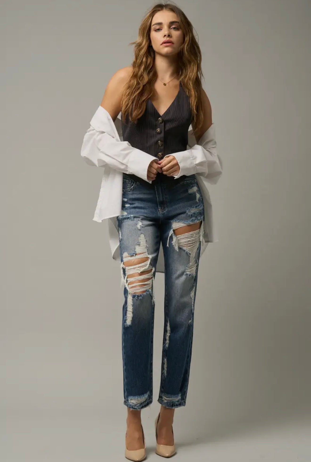 High Rise Heavy Destroyed Straight
Crop Jeans