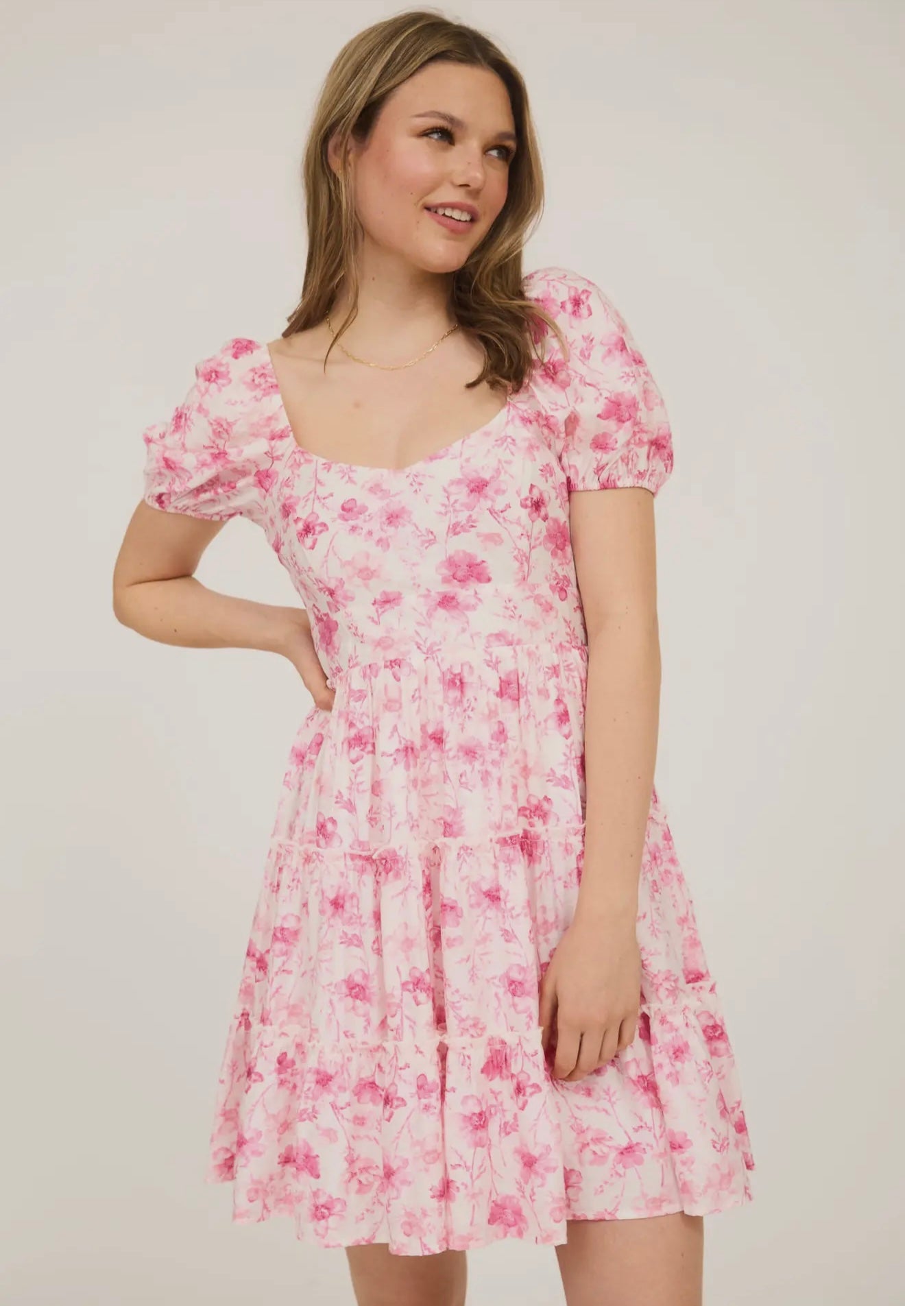 Pink Floral Open Back with Tie Tiered
Mini Dress