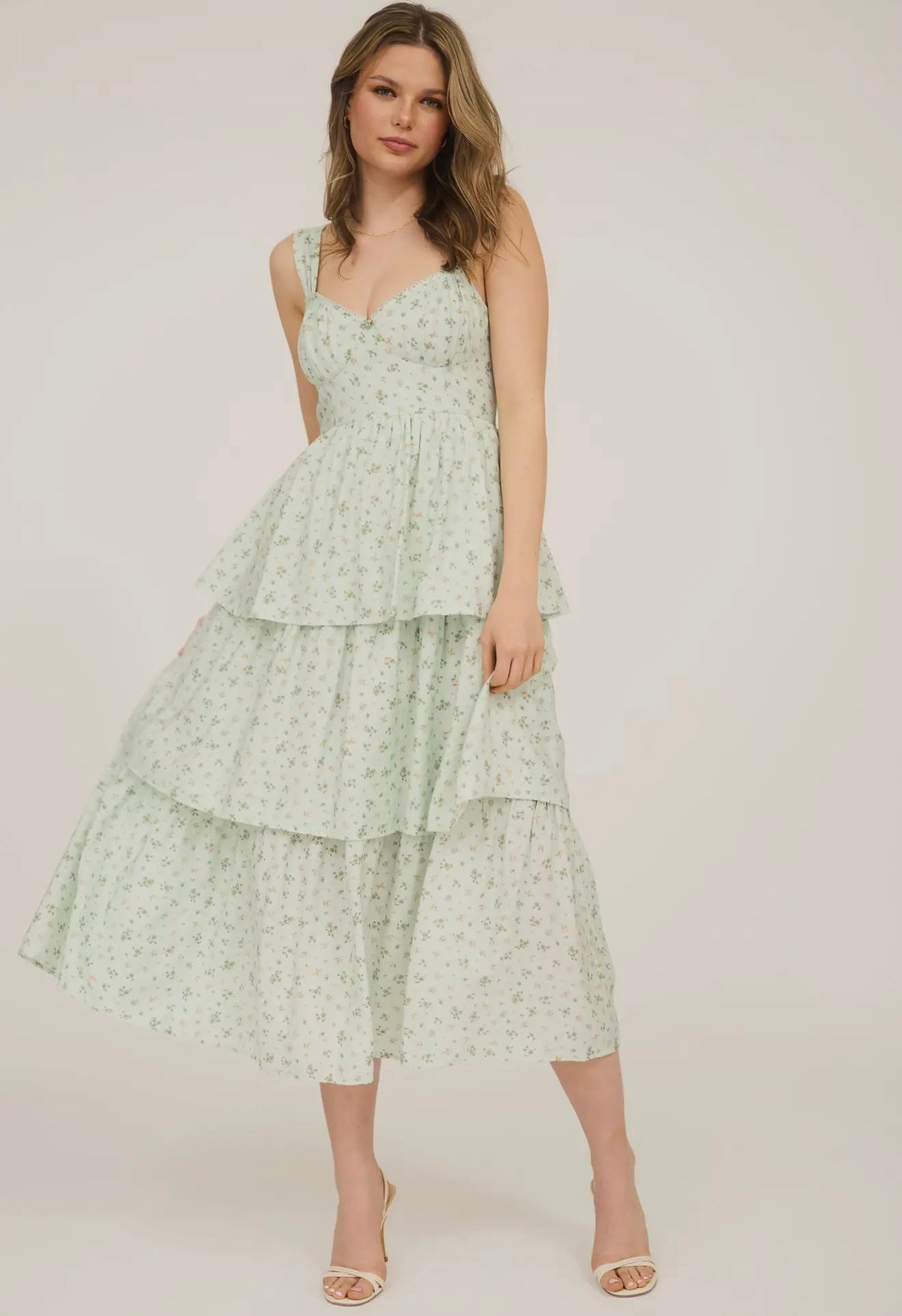 Sage Floral Sleeveless Corset Ruffle Tiered Midi Dress