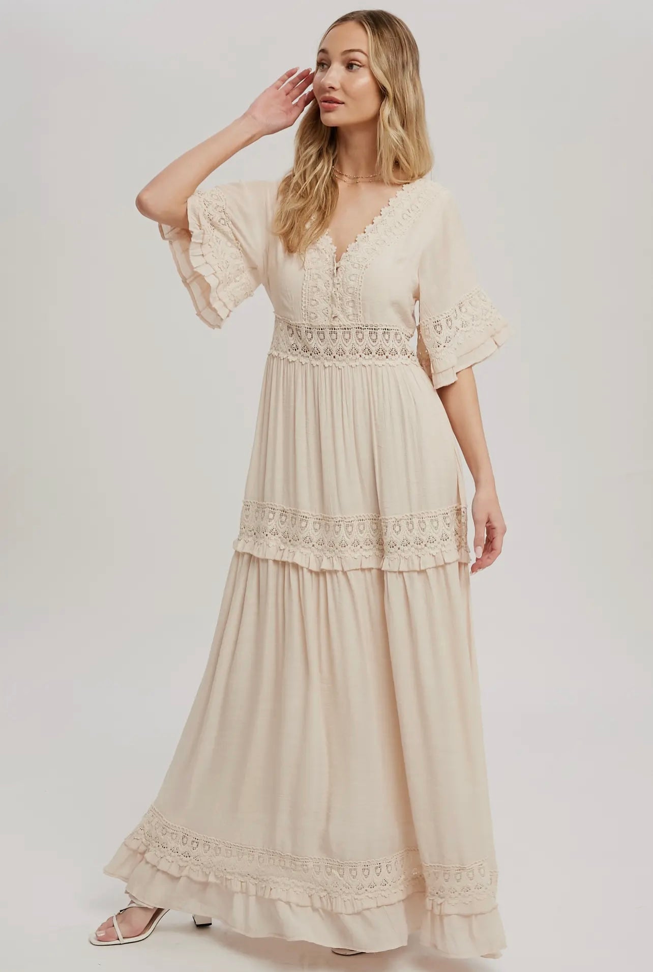V-Neck Lace Trim Maxi Dress