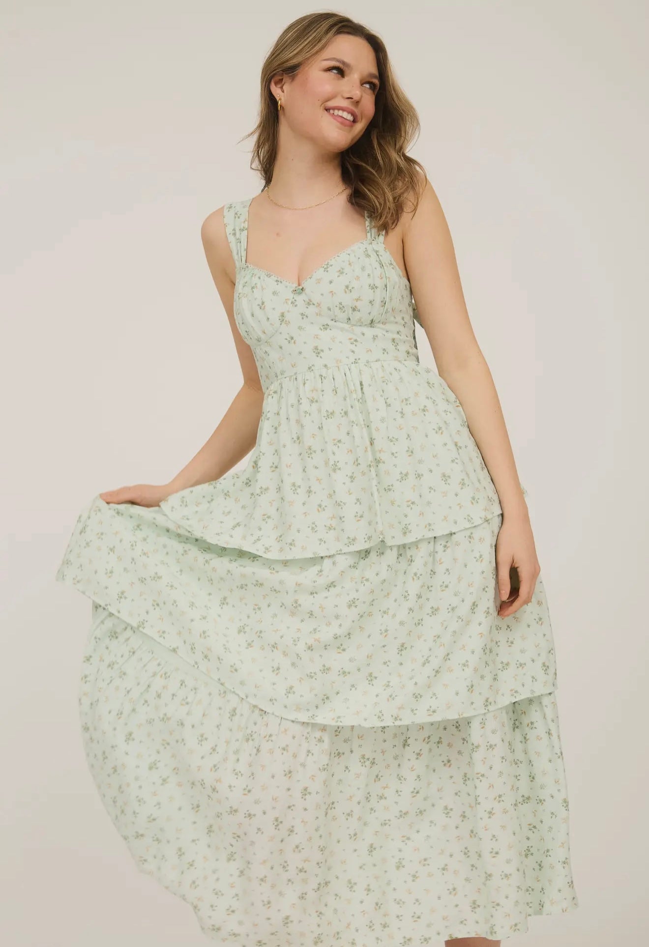 Sage Floral Sleeveless Corset Ruffle Tiered Midi Dress
