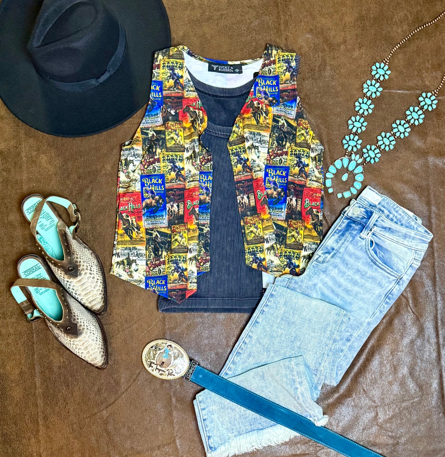 Oversized Vintage Western Collage Printed Sleeveless Vest