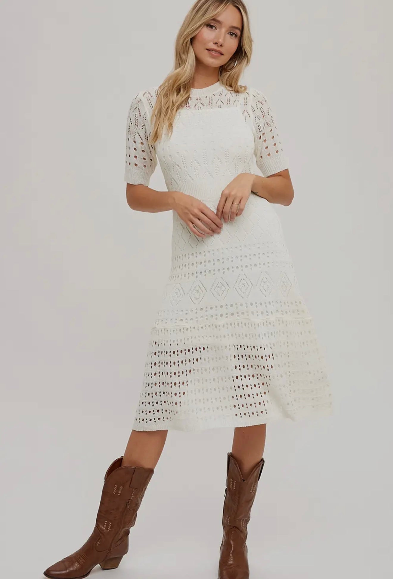 Open Knit Crochet Midi Dress with Liner