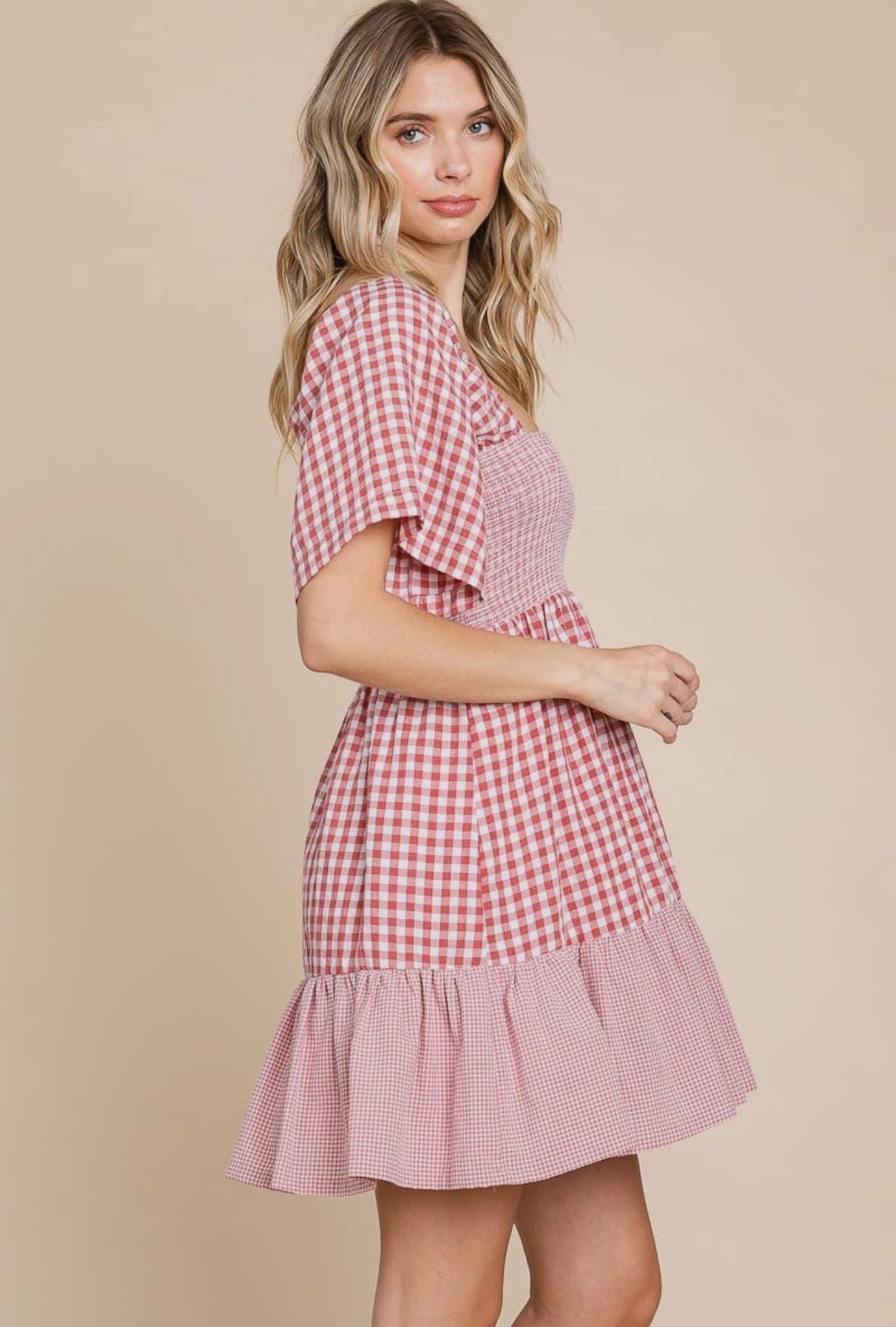 Plaid Color Block Smocked Dress