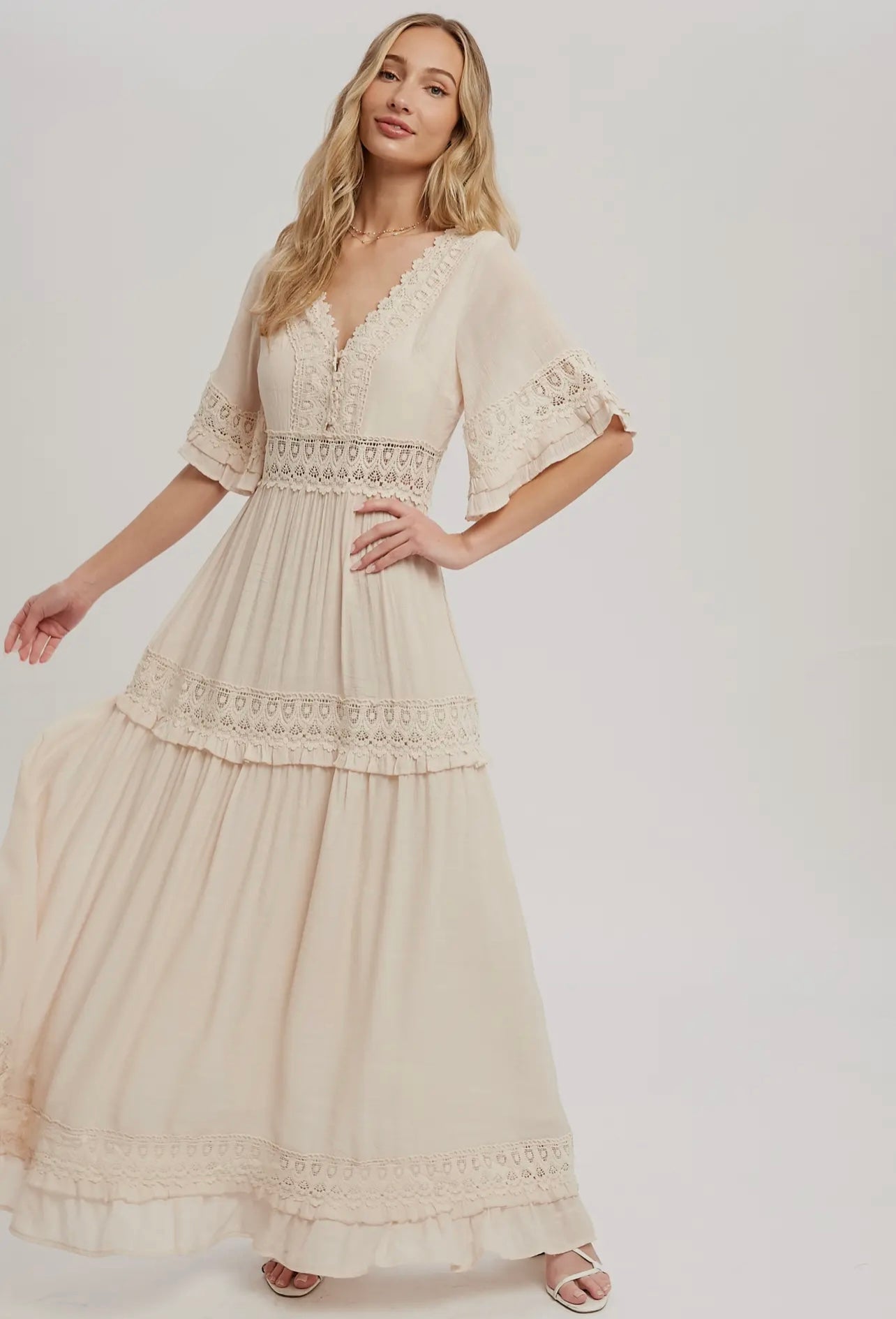 V-Neck Lace Trim Maxi Dress