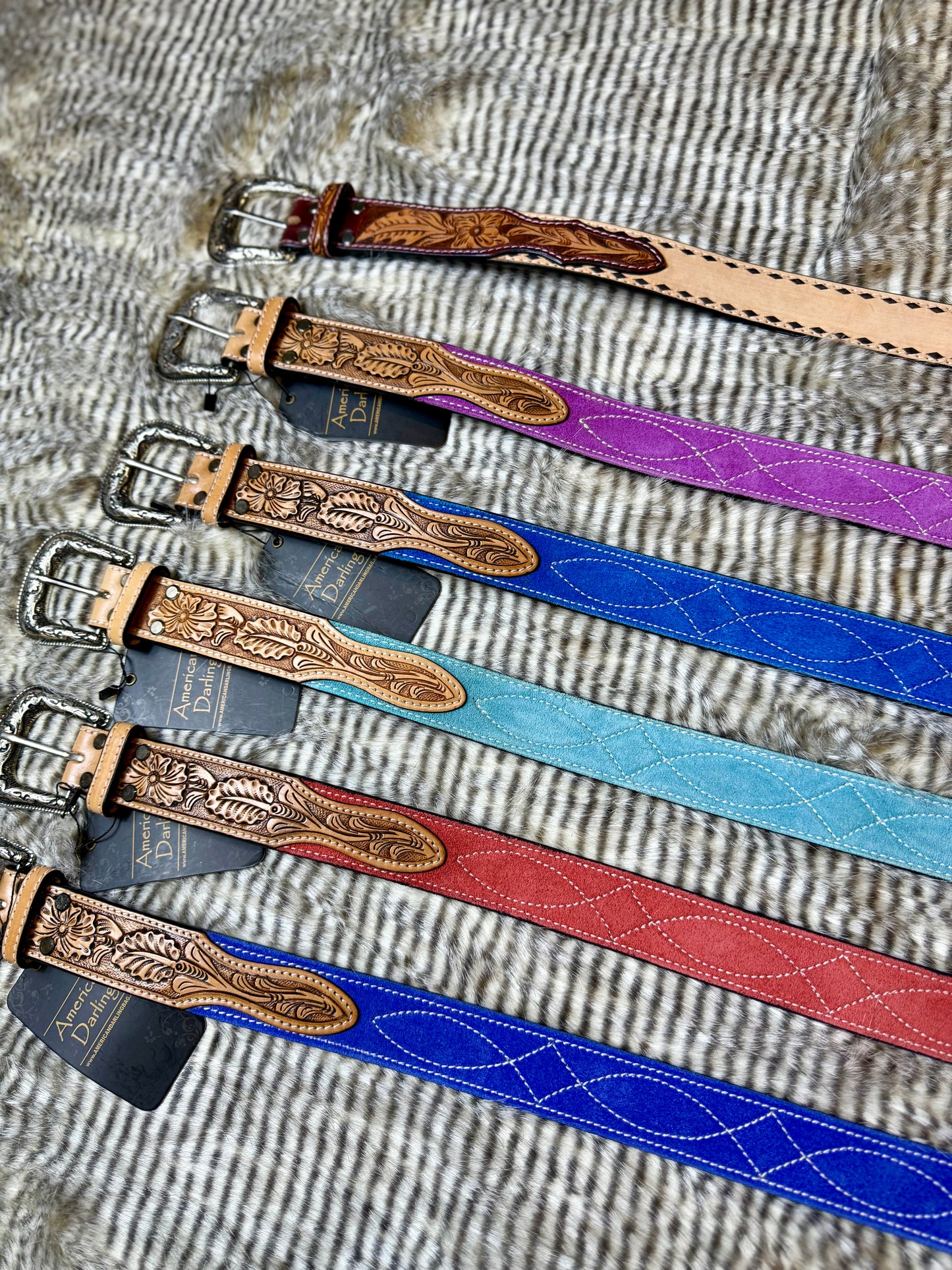 American Darling Turquoise Suede Western Belt - Hand-Tooled Leather Inlay with Engraved Buckle