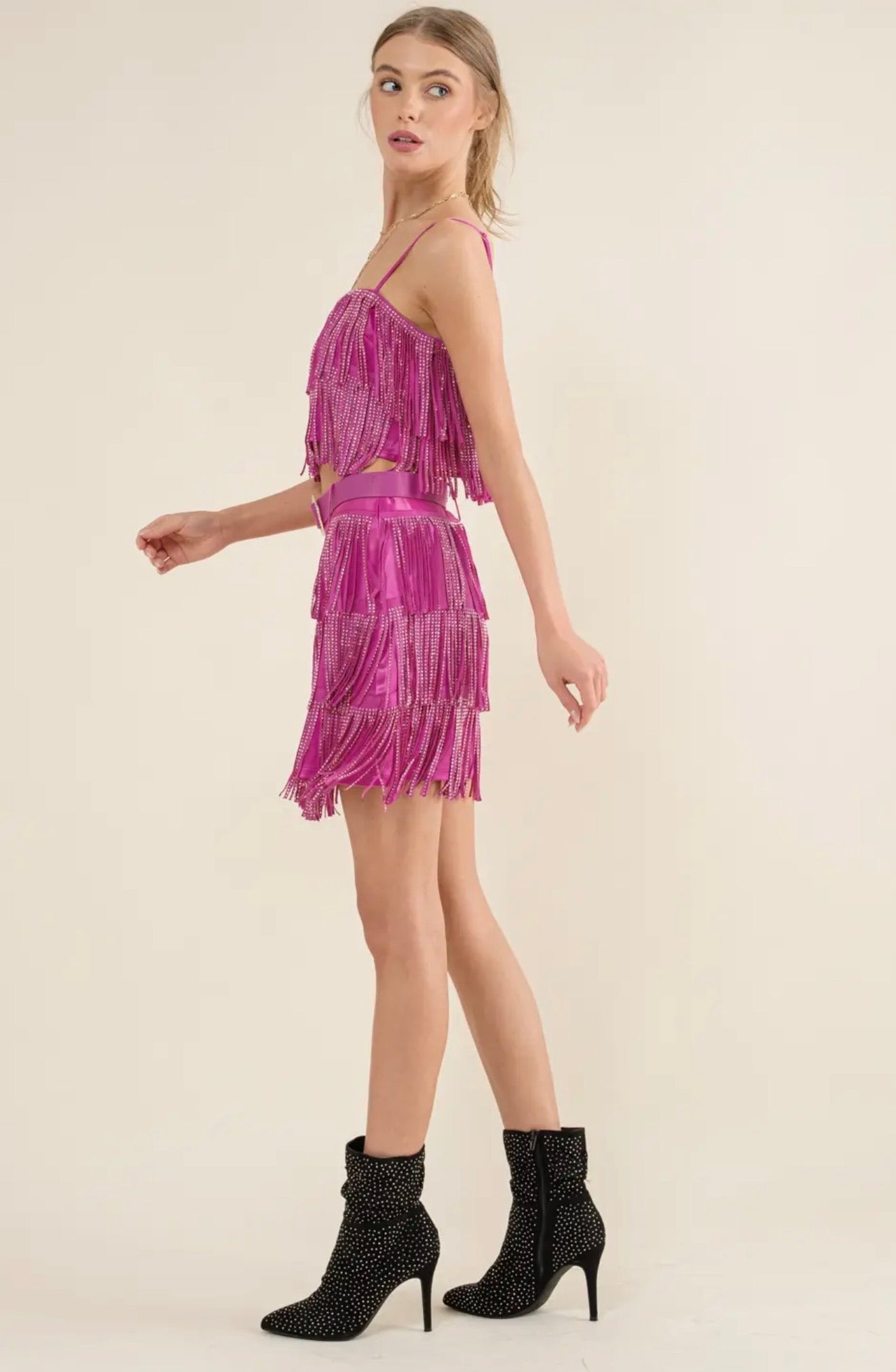 Satin Studded Fringe Sparkle
Ring Belted Mini Skirt