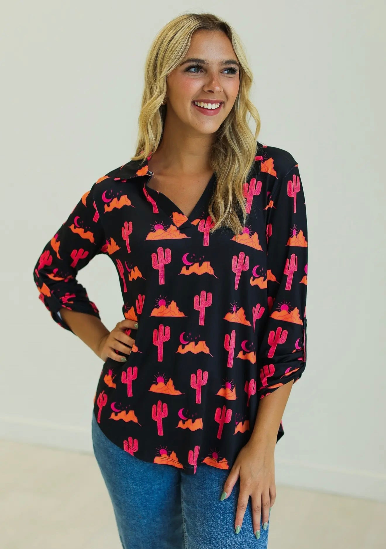 Gemma V-Neck Top, Desert Sunset