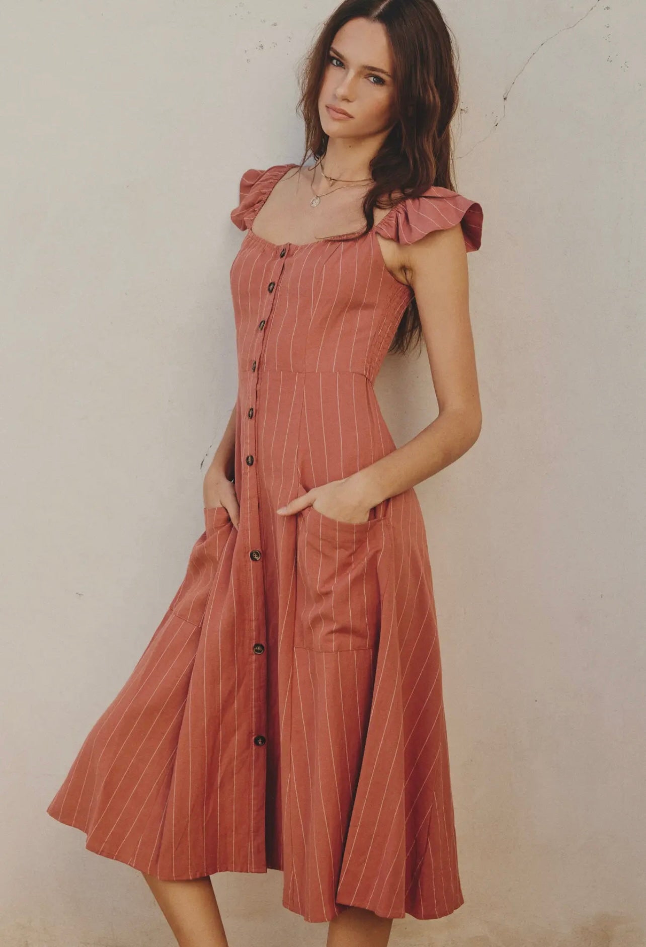 Pinstripe Flutter Sleeve
Midi Dress