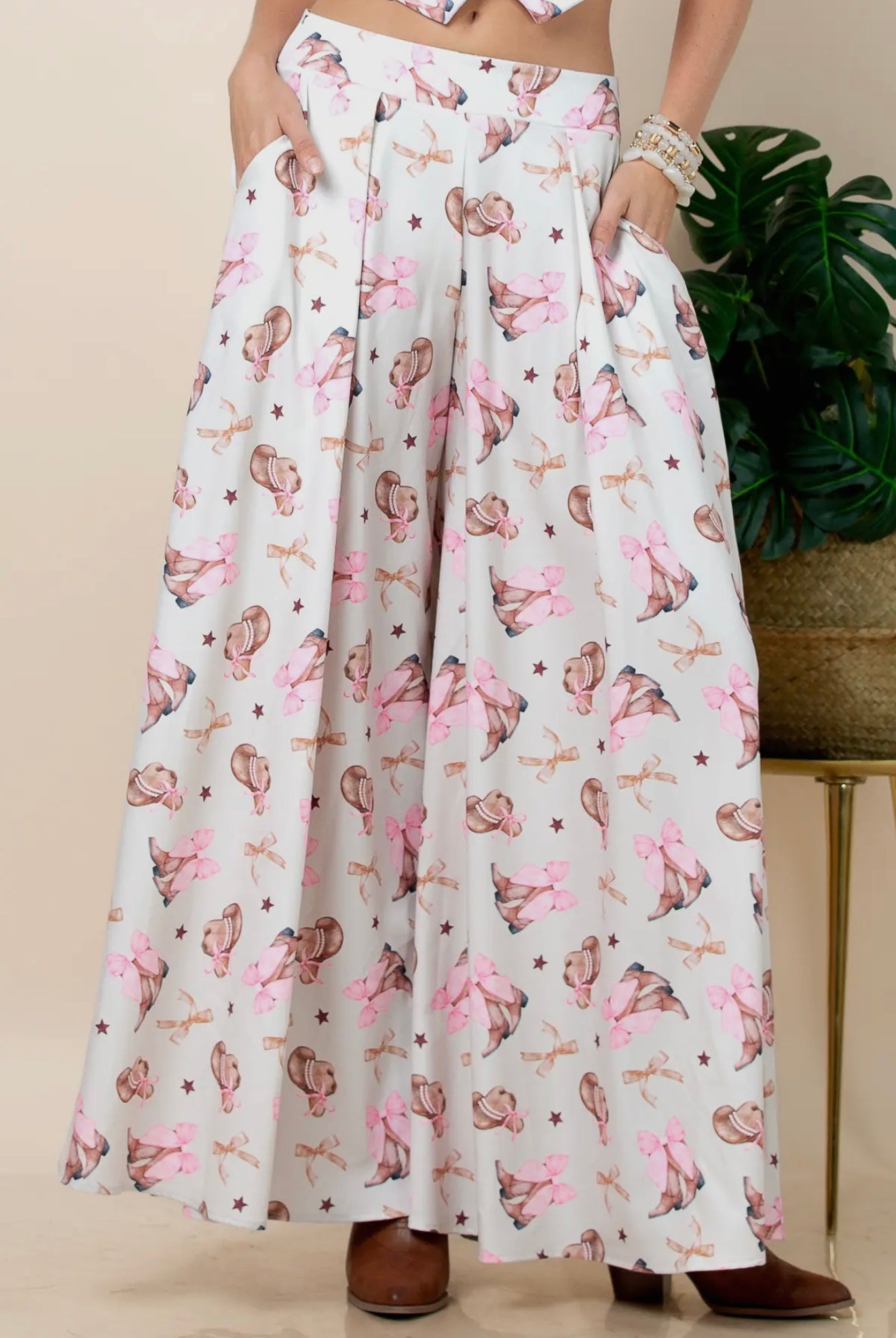 Evie Coquette Ribbon Print
Wide Leg Palazzo Pants